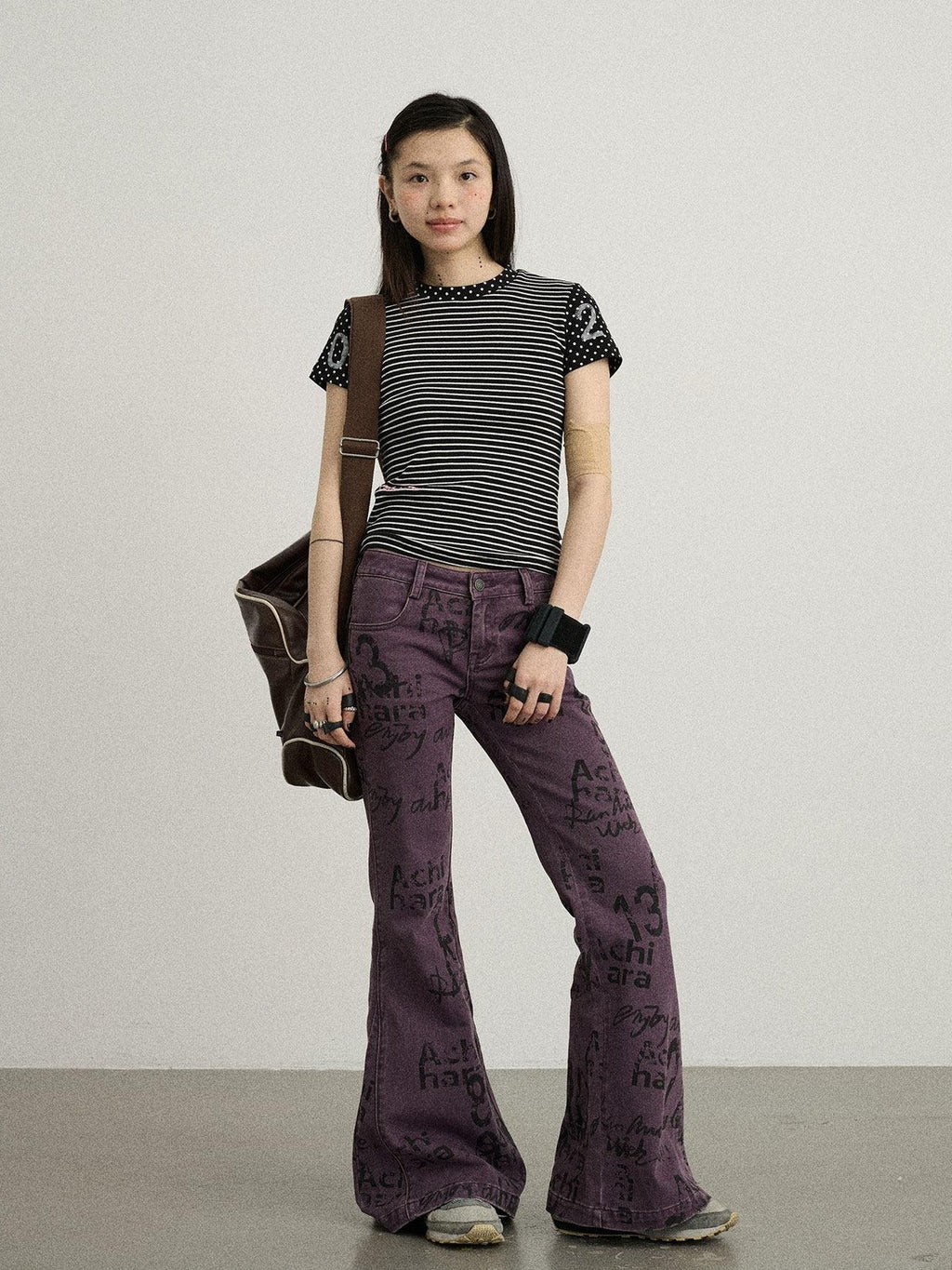 Achihara Glitch Stripe Dot Patchwork Cross Print Women'S Cotton Short Sleeve T-Shirts