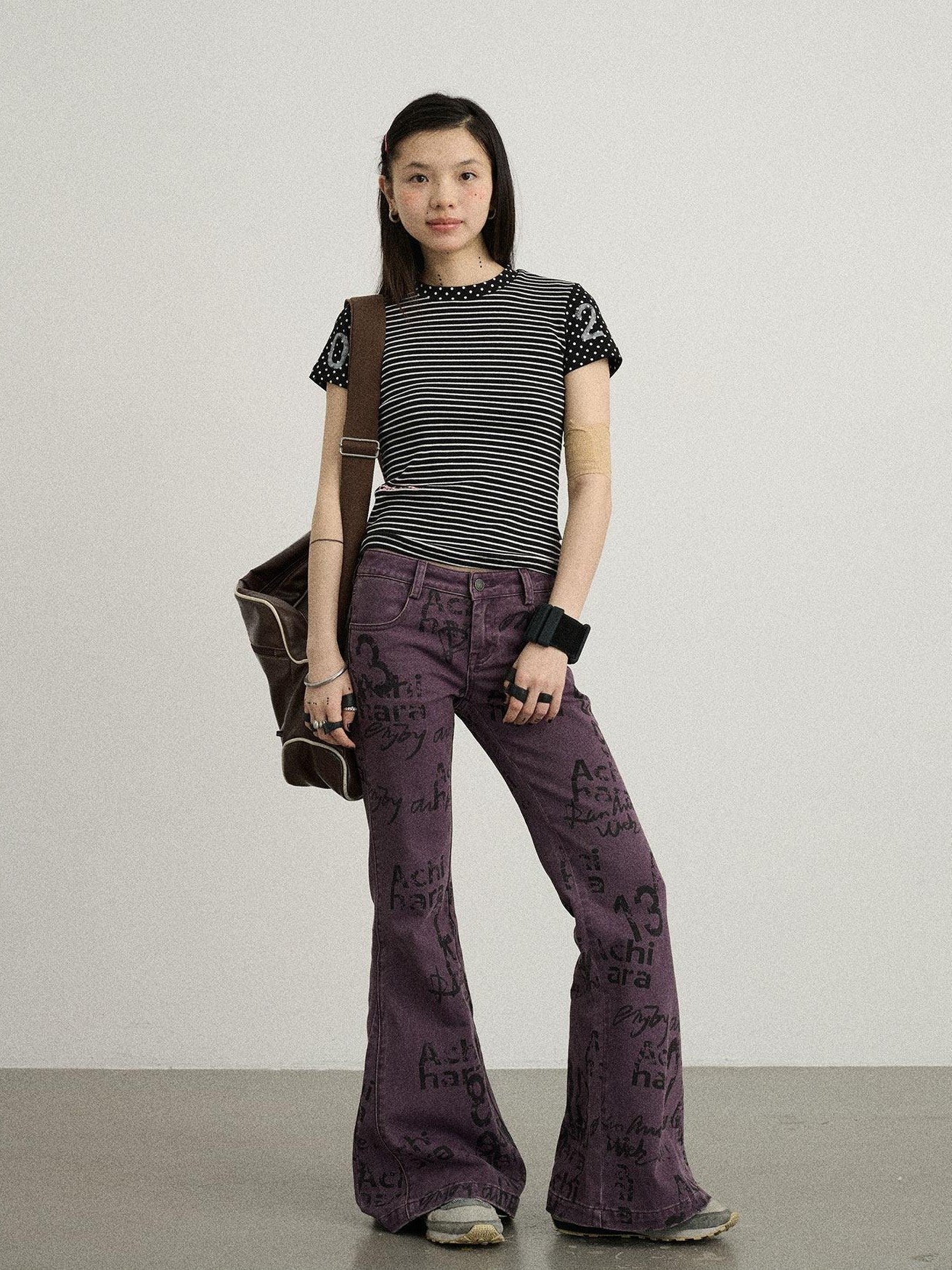Achihara Glitch Stripe Dot Patchwork Cross Print Women'S Cotton Short Sleeve T-Shirts