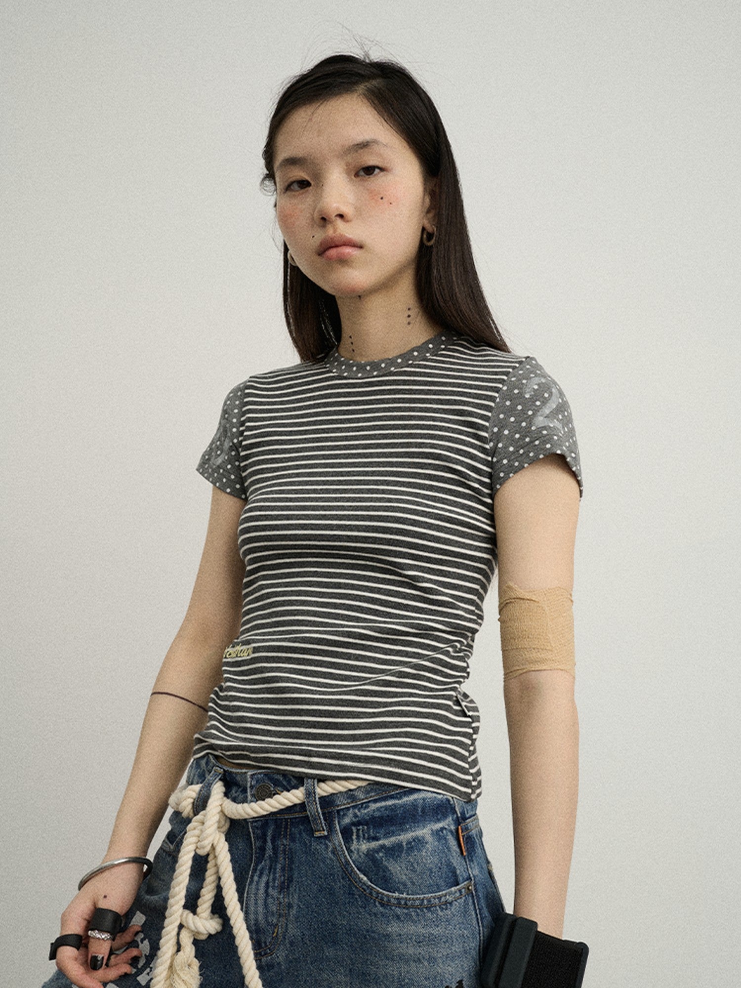 Achihara Glitch Stripe Dot Patchwork Cross Print Women'S Cotton Short Sleeve T-Shirts