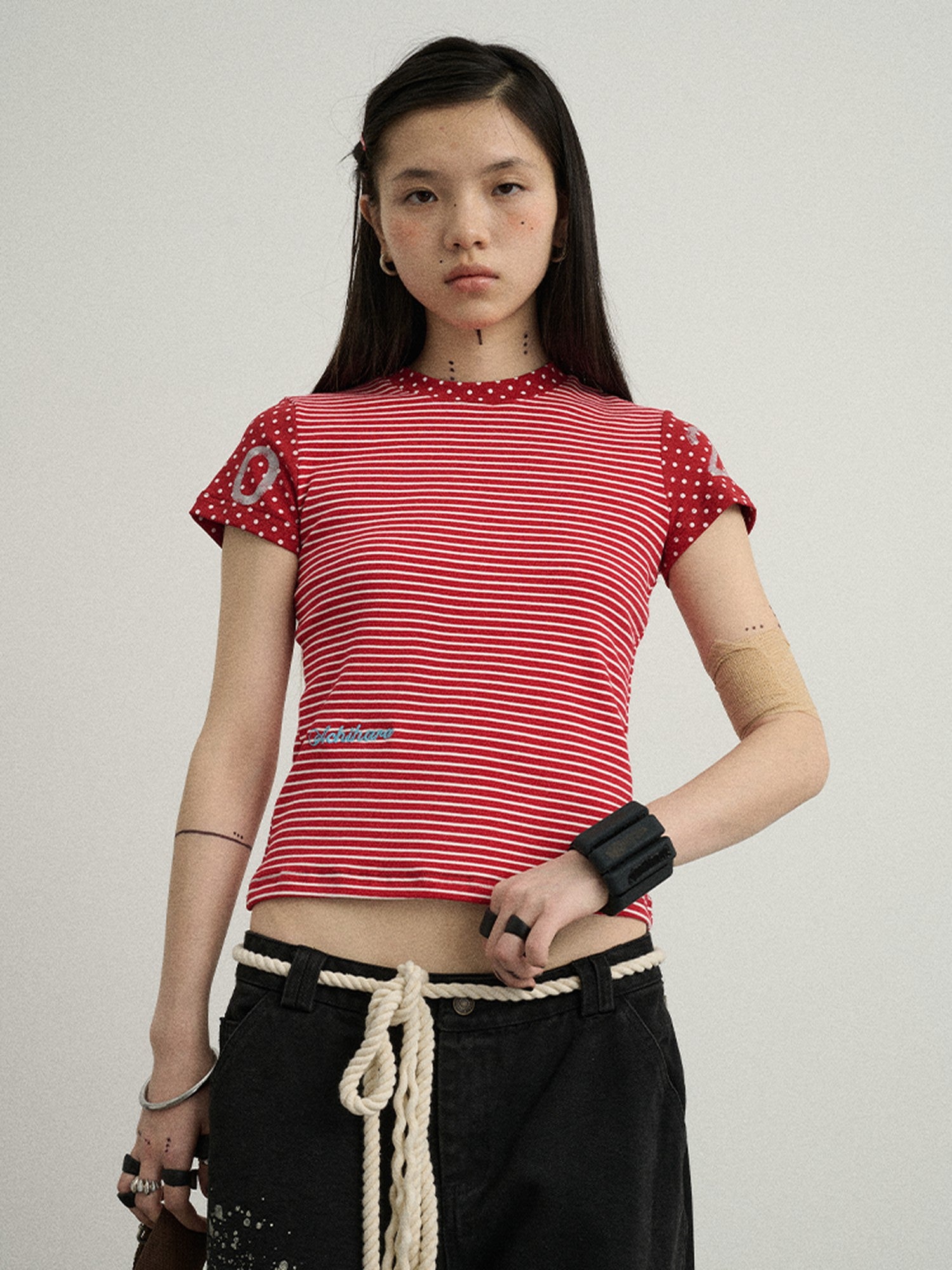 Achihara Glitch Stripe Dot Patchwork Cross Print Women'S Cotton Short Sleeve T-Shirts