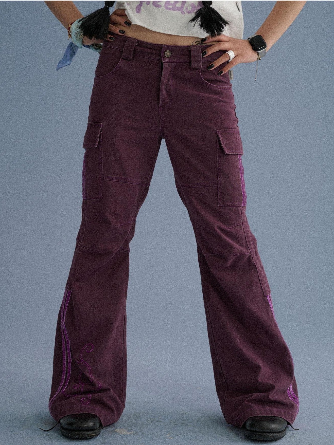 Achihara Gray Blue Pocketed Floor Length Casual Women'S Cotton Cargo Pants