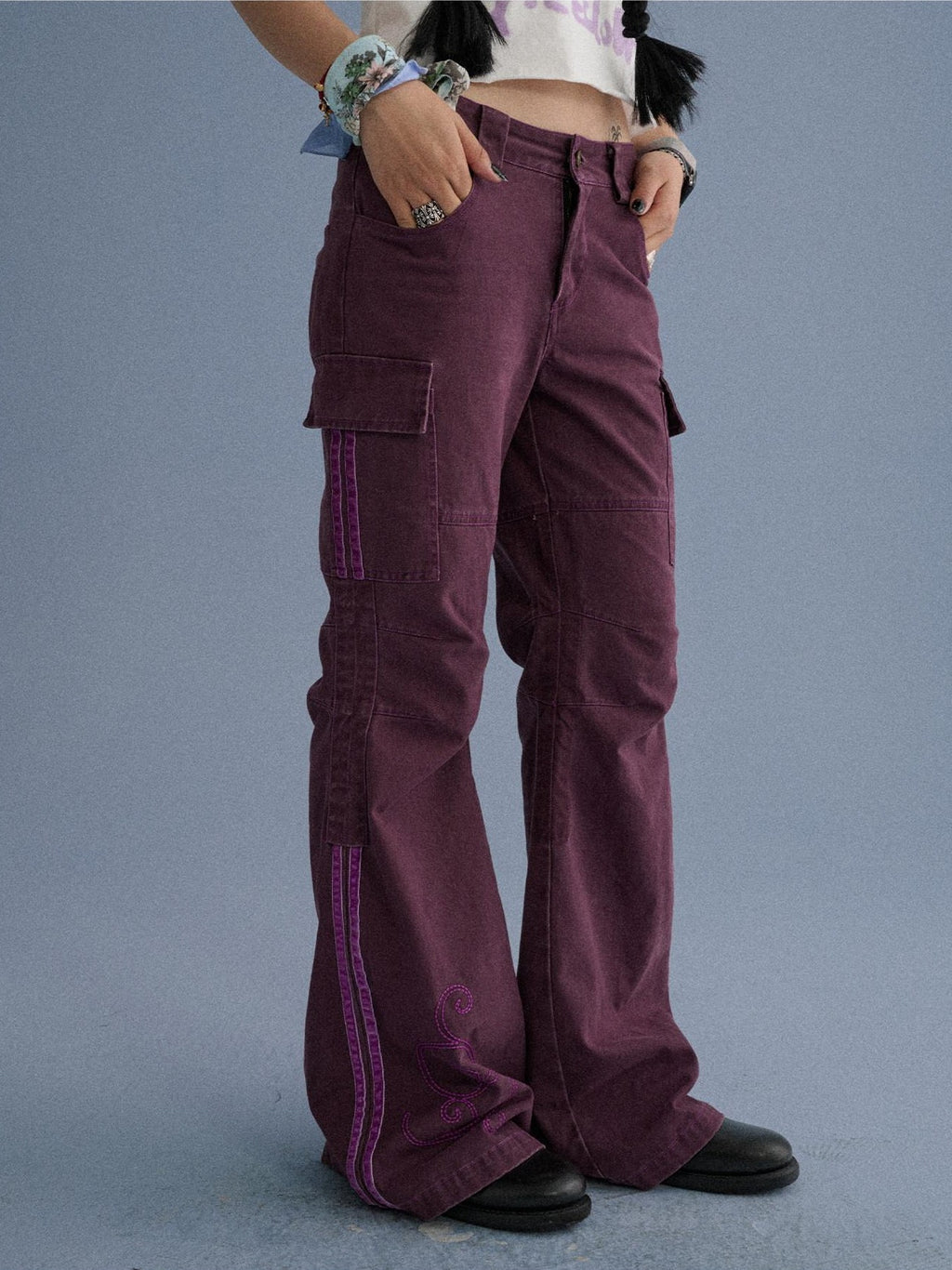 Achihara Gray Blue Pocketed Floor Length Casual Women'S Cotton Cargo Pants