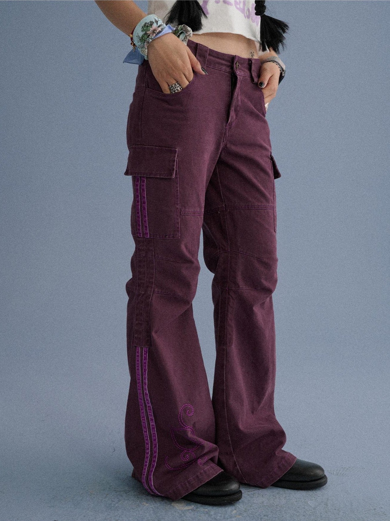 Achihara Gray Blue Pocketed Floor Length Casual Women'S Cotton Cargo Pants