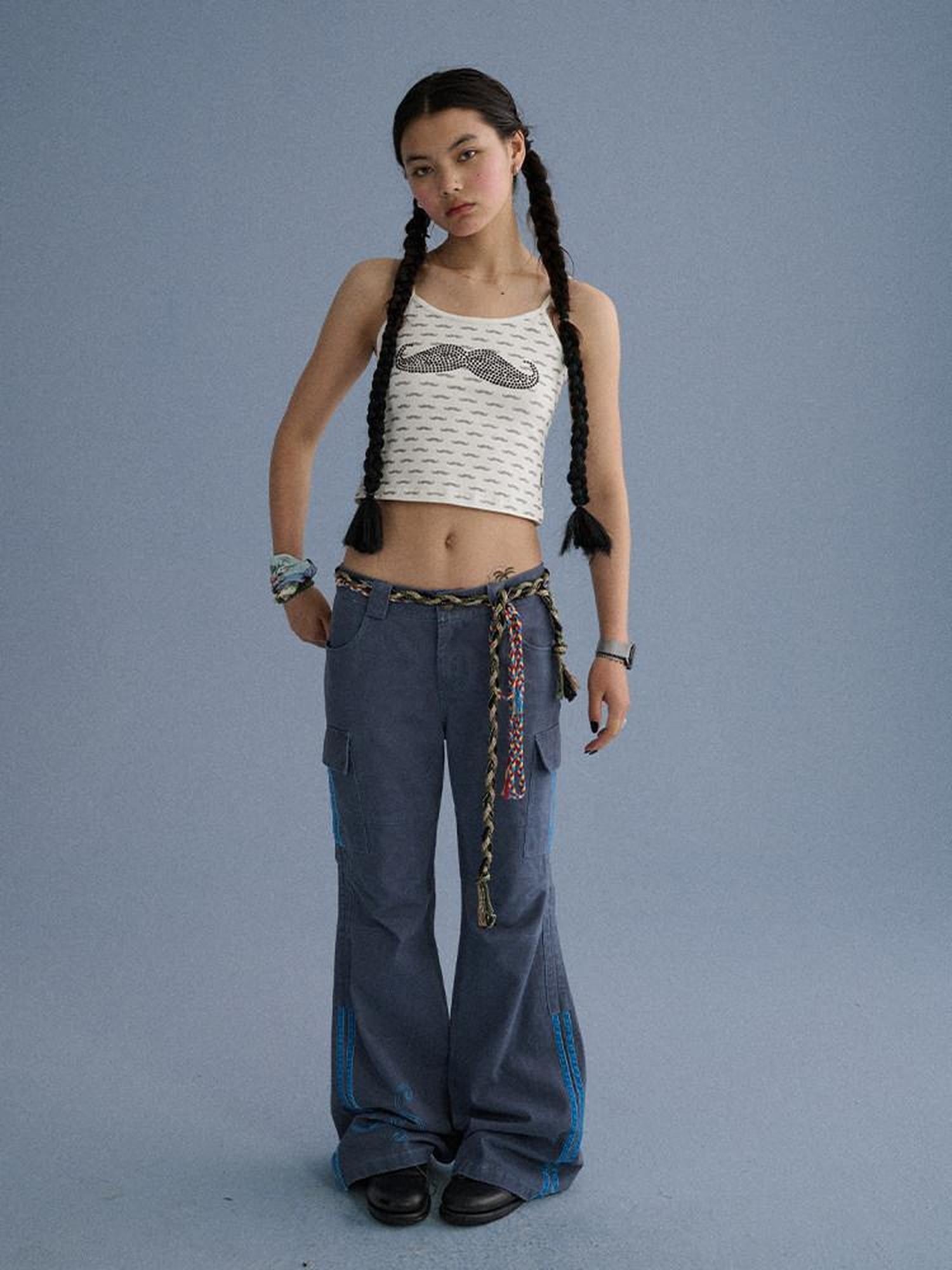 Achihara Gray Blue Pocketed Floor Length Casual Women'S Cotton Cargo Pants