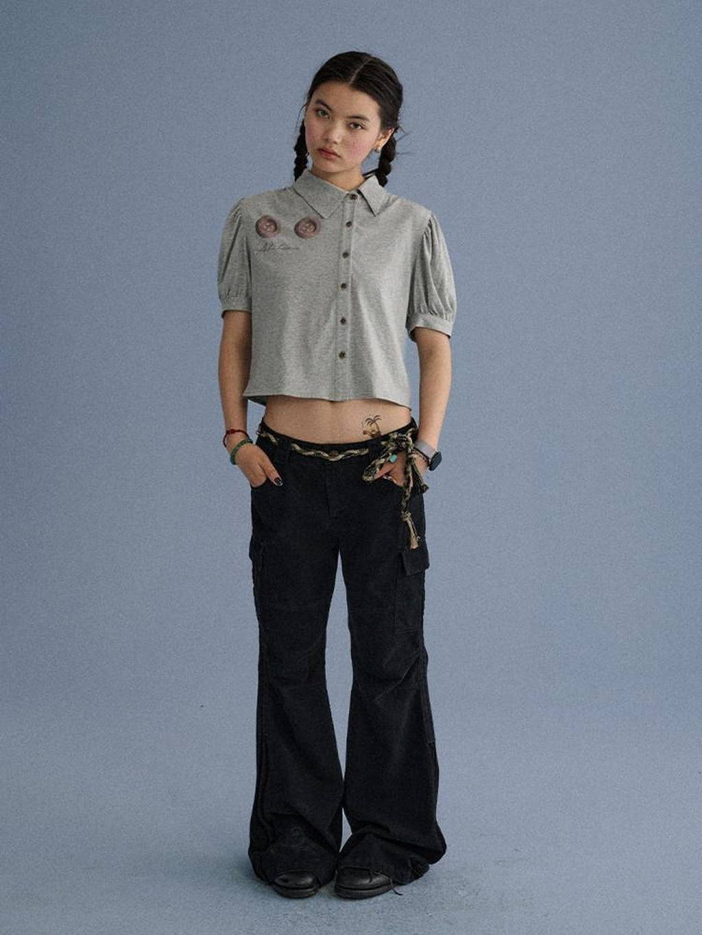 Achihara Gray Blue Pocketed Floor Length Casual Women'S Cotton Cargo Pants
