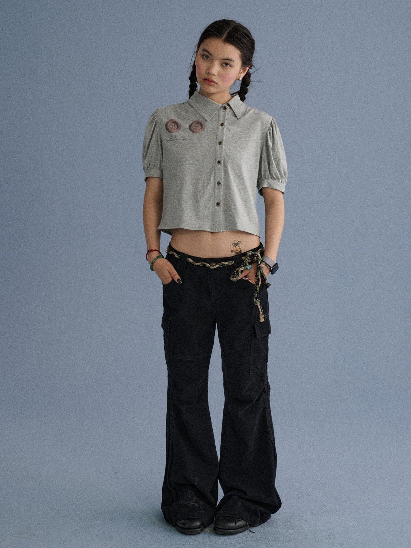 Achihara Gray Blue Pocketed Floor Length Casual Women'S Cotton Cargo Pants
