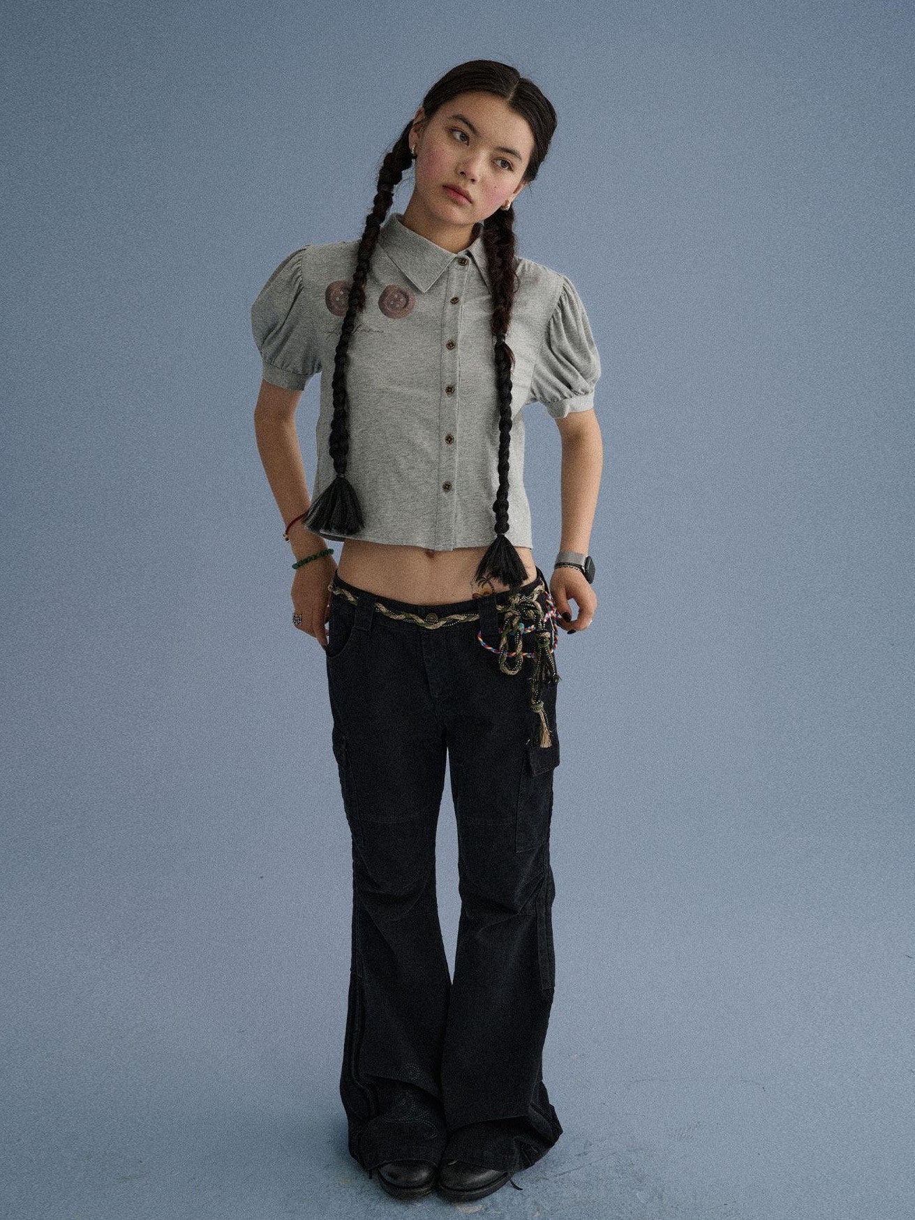 Achihara Gray Blue Pocketed Floor Length Casual Women'S Cotton Cargo Pants