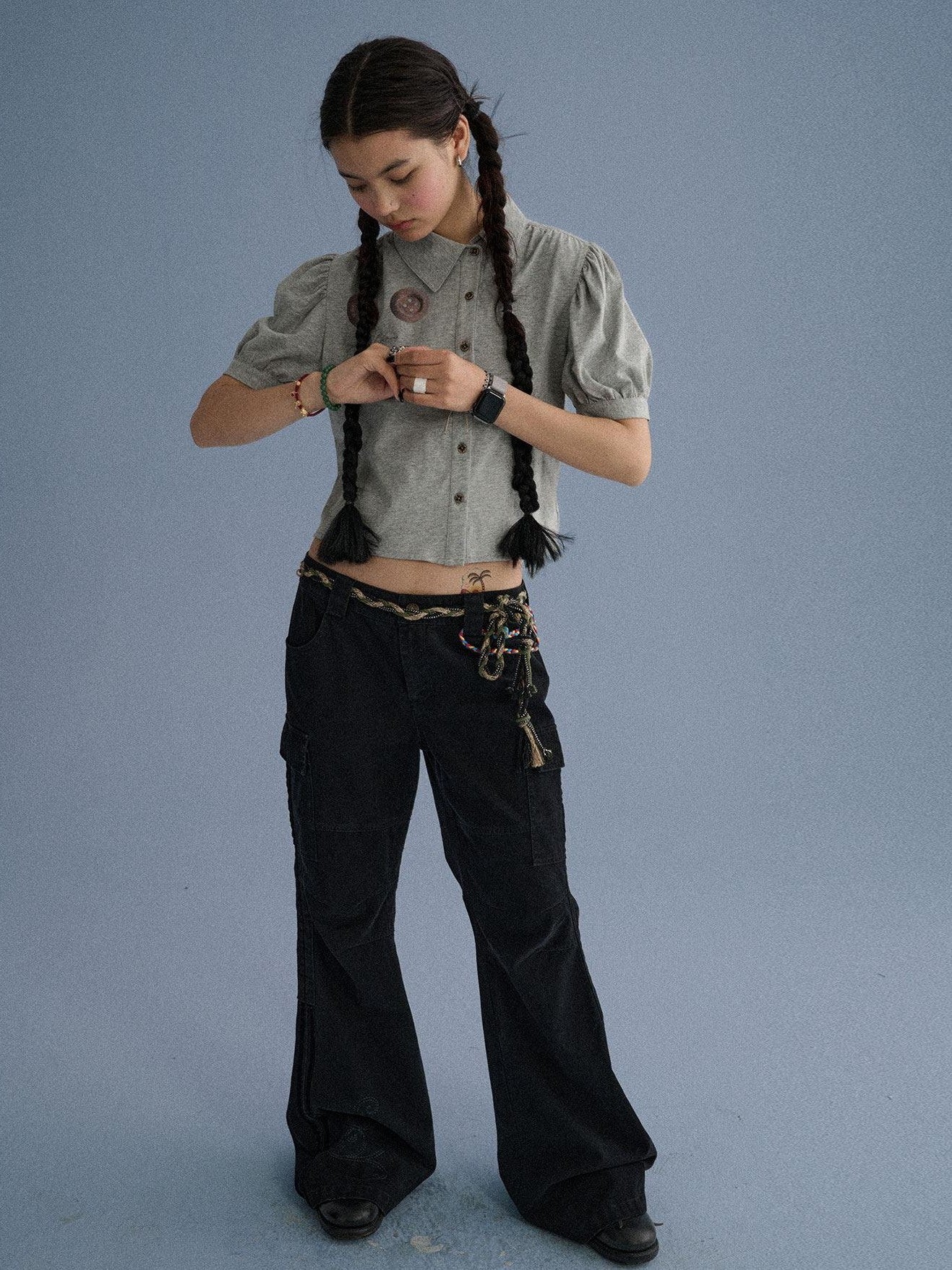 Achihara Gray Blue Pocketed Floor Length Casual Women'S Cotton Cargo Pants