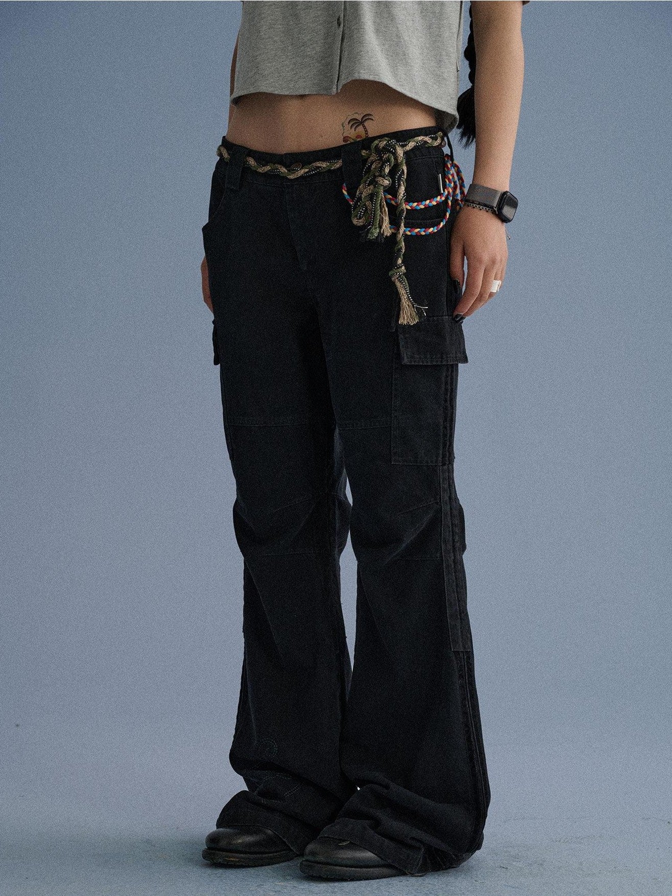 Achihara Gray Blue Pocketed Floor Length Casual Women'S Cotton Cargo Pants