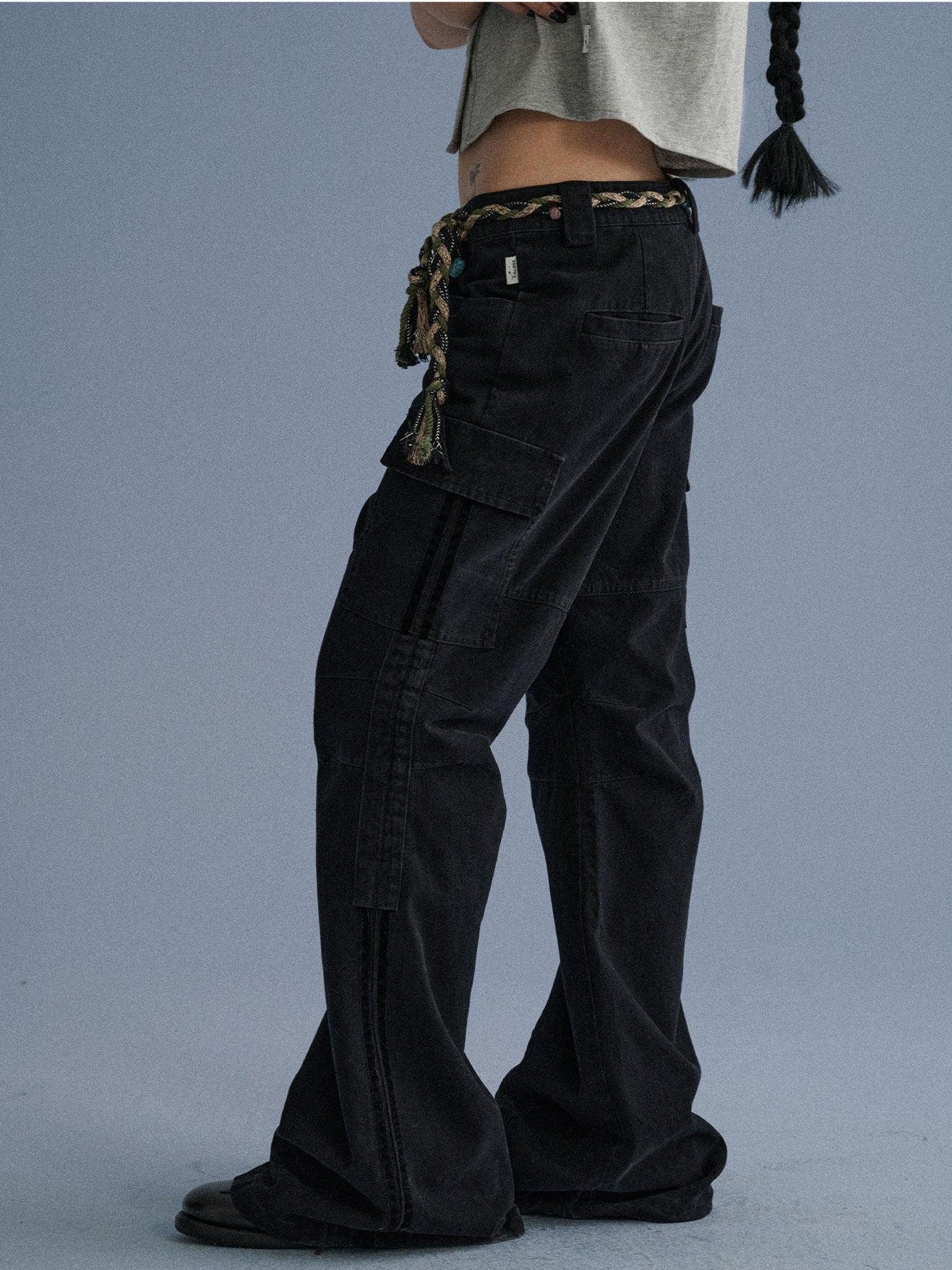 Achihara Gray Blue Pocketed Floor Length Casual Women'S Cotton Cargo Pants