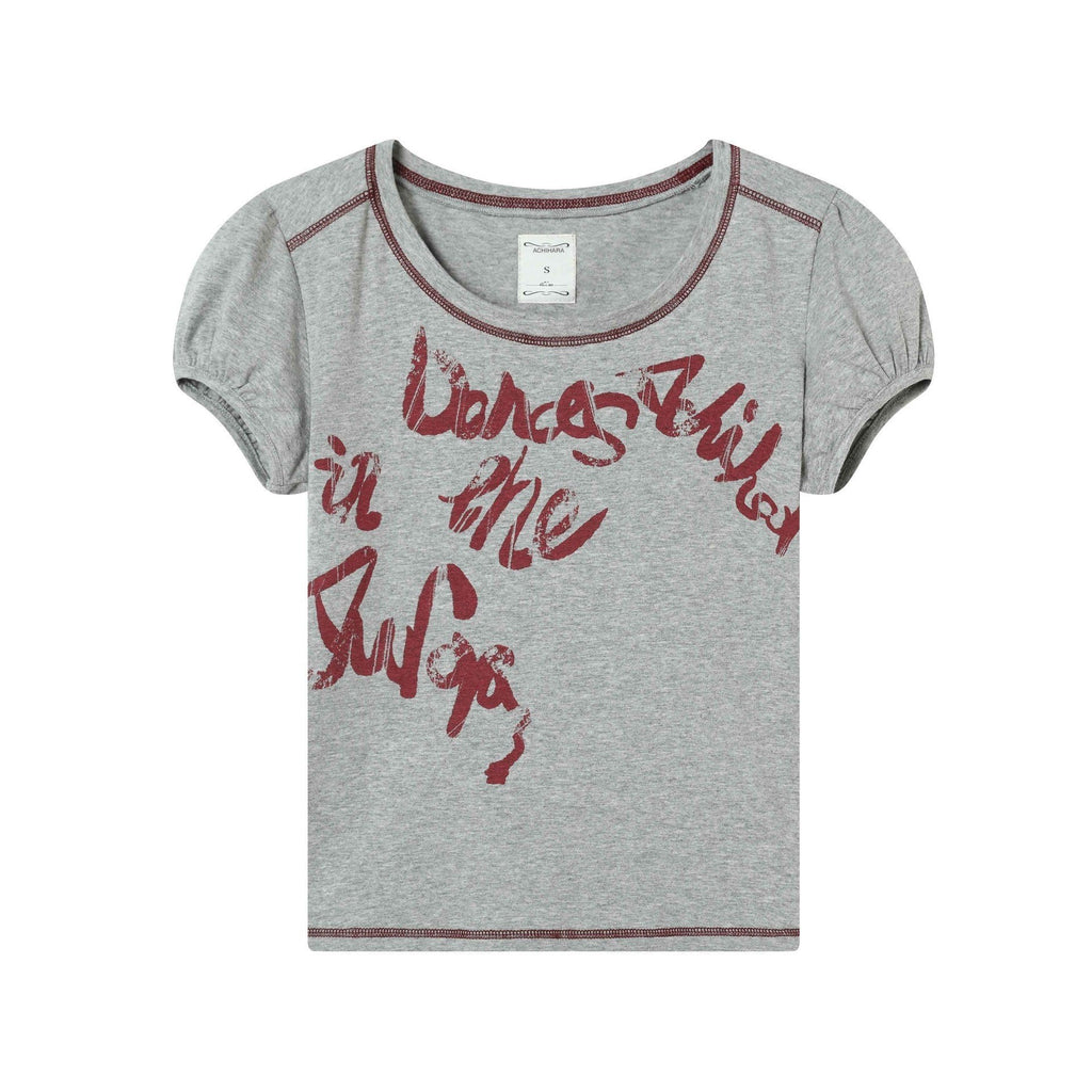 Achihara_Gray_Bubble_Sleeve_Letter_Print_Women'S_Cotton_Blend_Short_Sleeve_T-Shirts_MISSTT