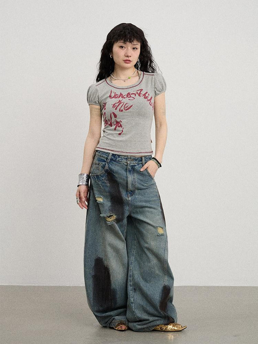 Achihara Gray Bubble Sleeve Letter Print Women'S Cotton Blend Short Sleeve T-Shirts