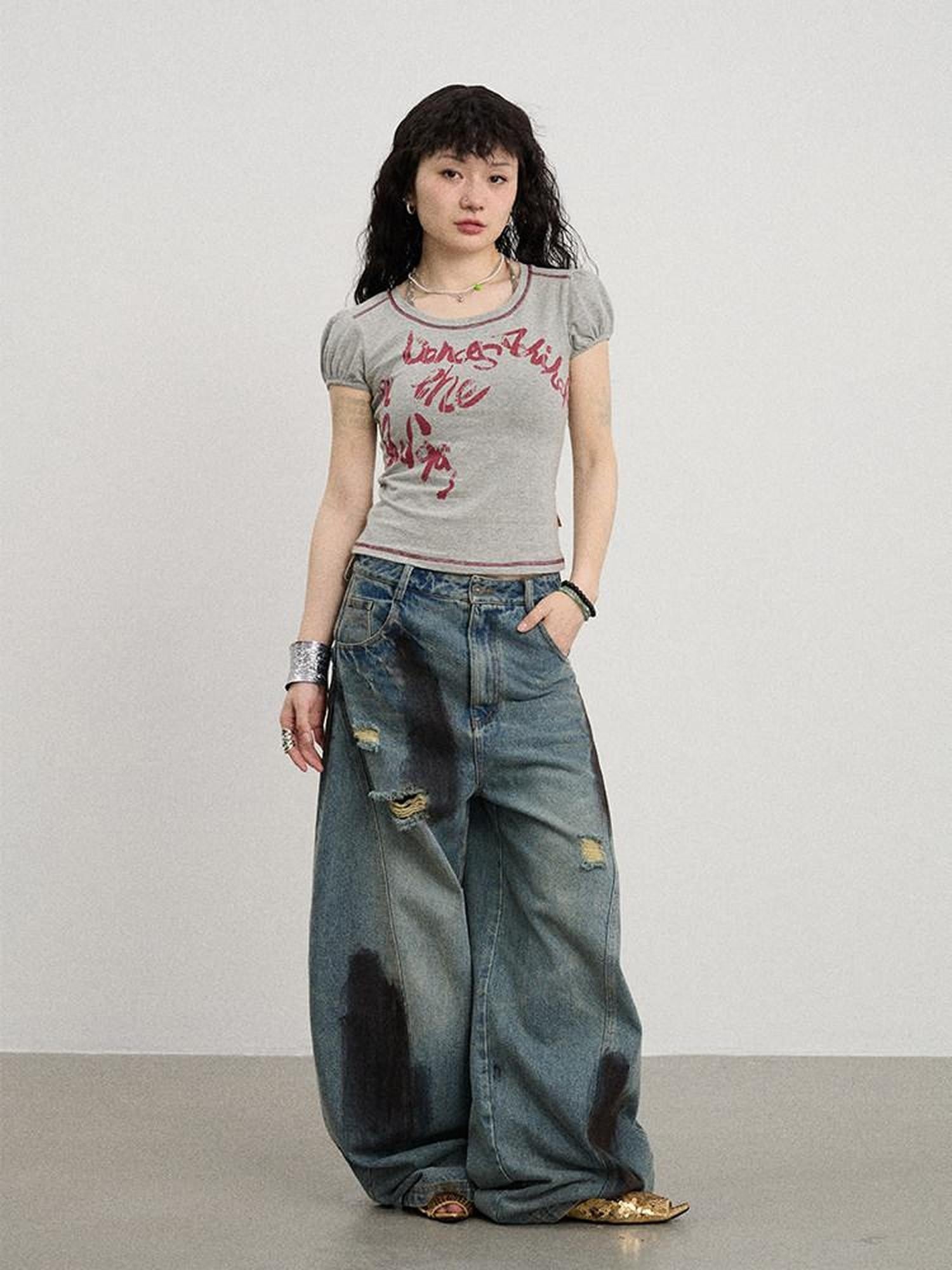 Achihara Gray Bubble Sleeve Letter Print Women'S Cotton Blend Short Sleeve T-Shirts