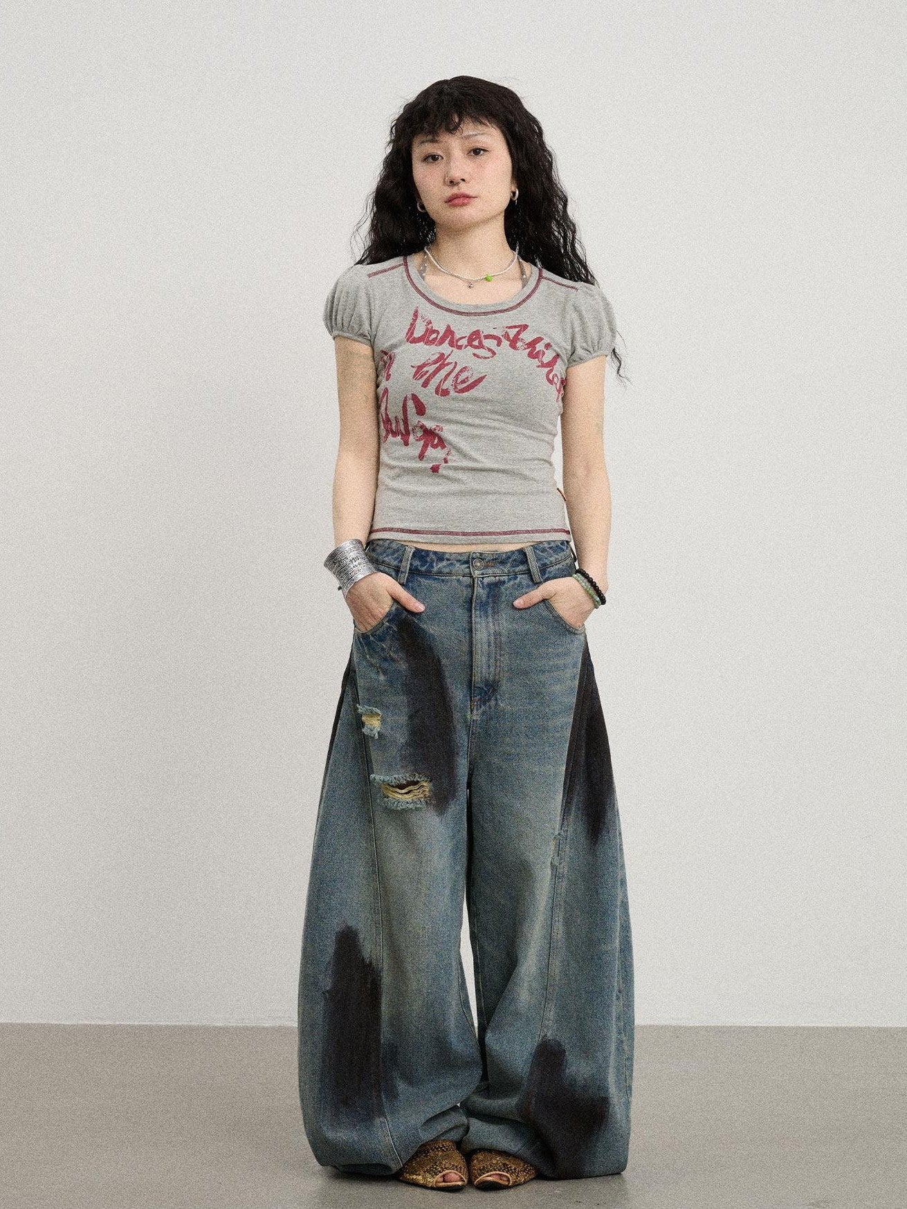 Achihara Gray Bubble Sleeve Letter Print Women'S Cotton Blend Short Sleeve T-Shirts