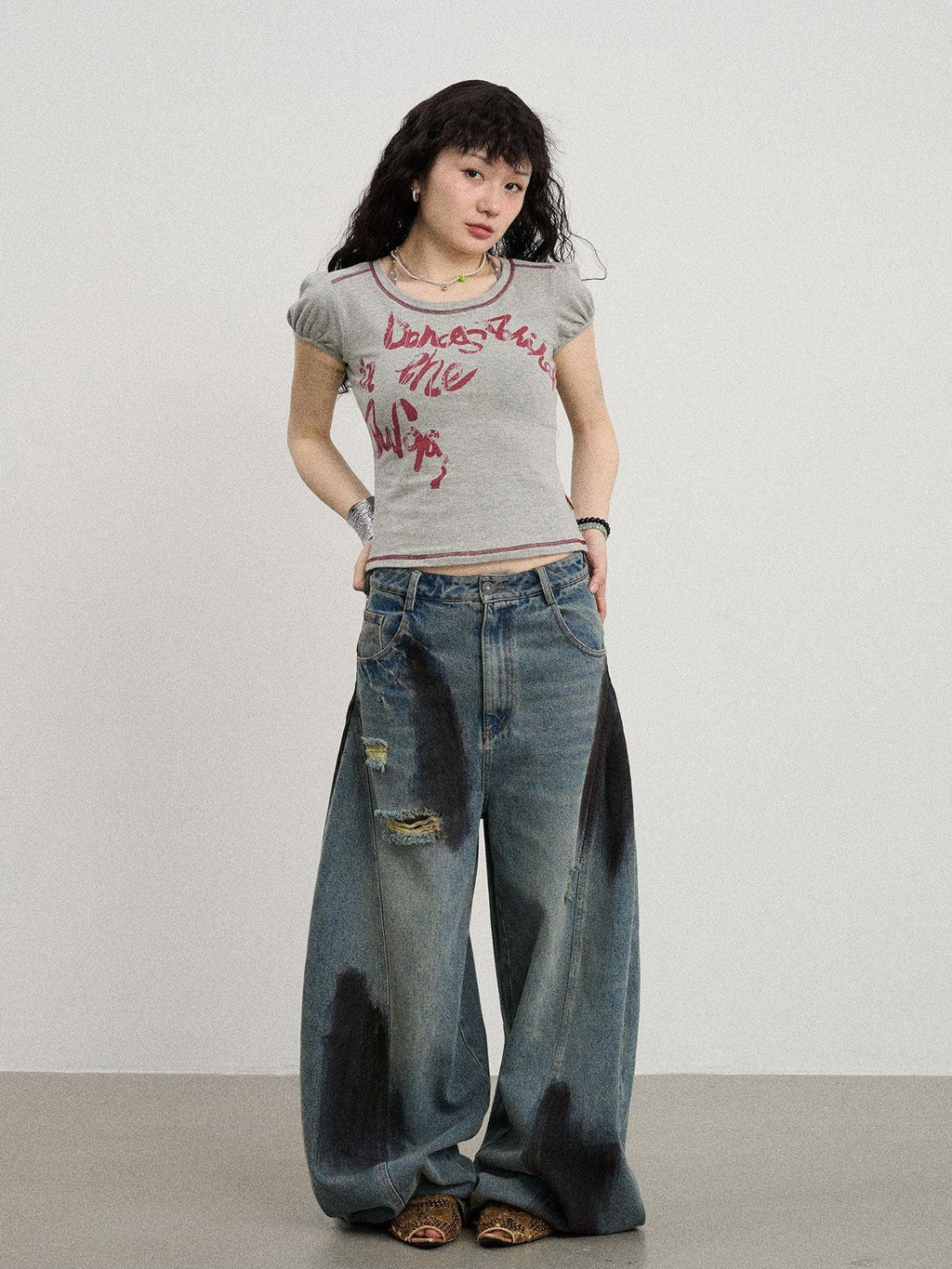 Achihara Gray Bubble Sleeve Letter Print Women'S Cotton Blend Short Sleeve T-Shirts