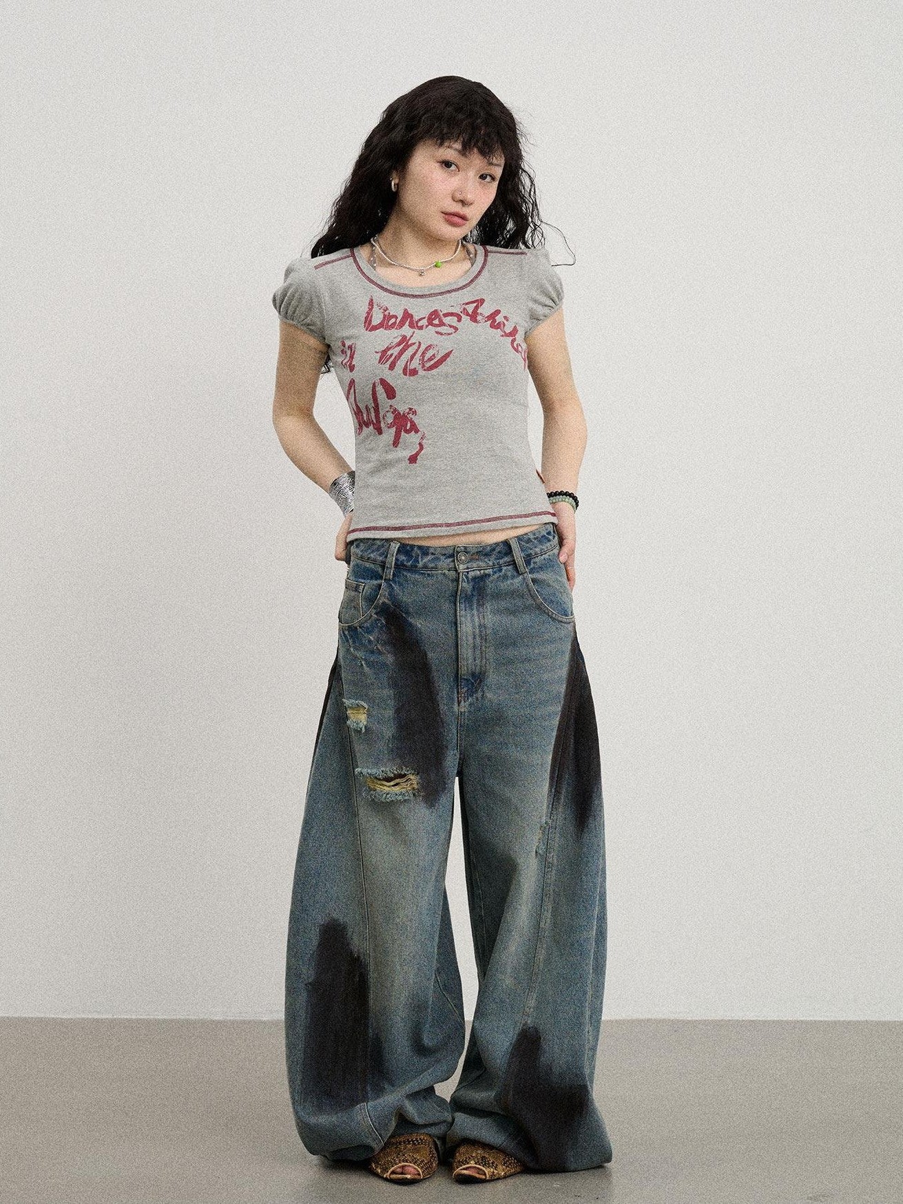Achihara Gray Bubble Sleeve Letter Print Women'S Cotton Blend Short Sleeve T-Shirts