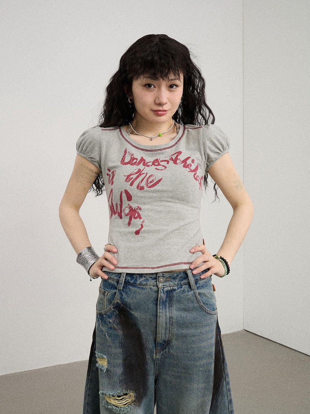 Achihara Gray Bubble Sleeve Letter Print Women'S Cotton Blend Short Sleeve T-Shirts