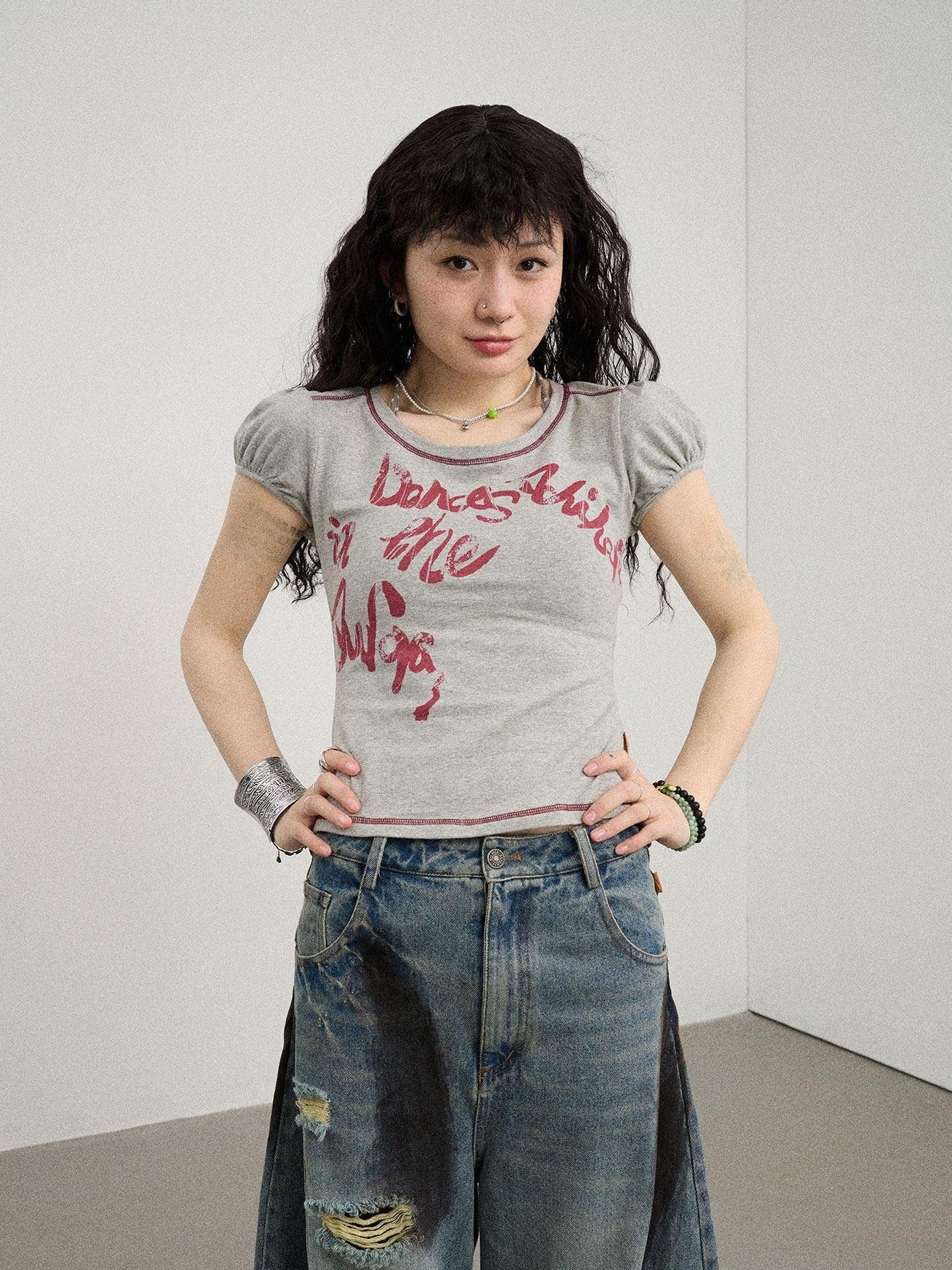Achihara Gray Bubble Sleeve Letter Print Women'S Cotton Blend Short Sleeve T-Shirts