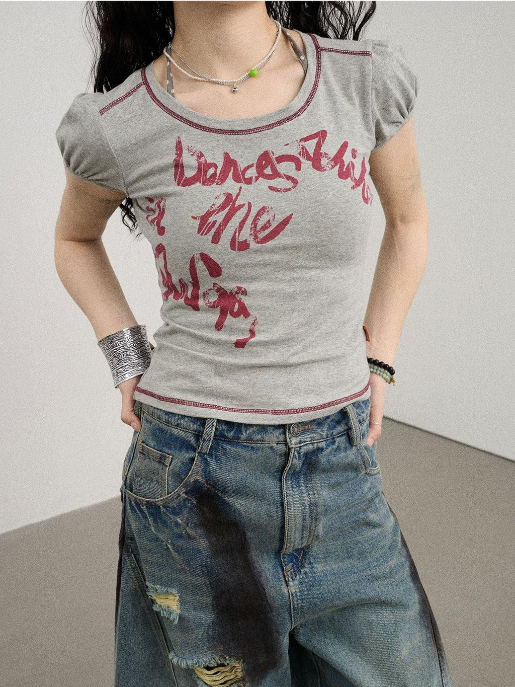 Achihara Gray Bubble Sleeve Letter Print Women'S Cotton Blend Short Sleeve T-Shirts