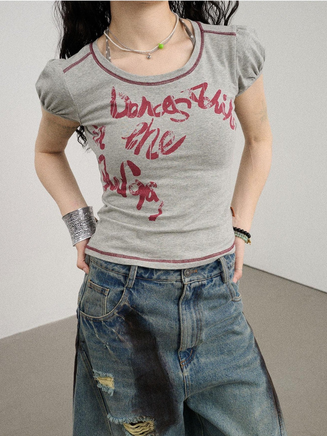 Achihara Gray Bubble Sleeve Letter Print Women'S Cotton Blend Short Sleeve T-Shirts