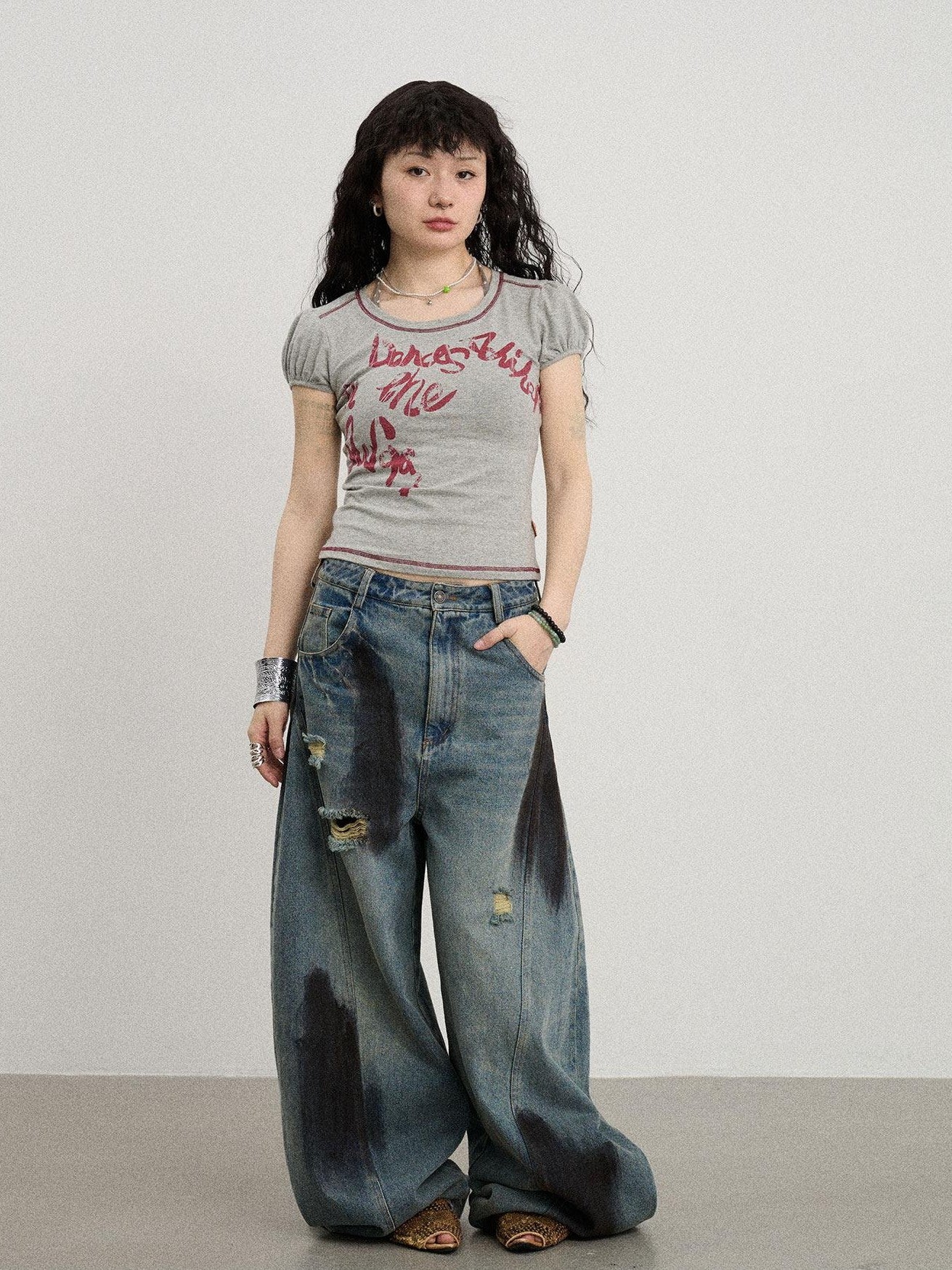 Achihara Gray Bubble Sleeve Letter Print Women'S Cotton Blend Short Sleeve T-Shirts