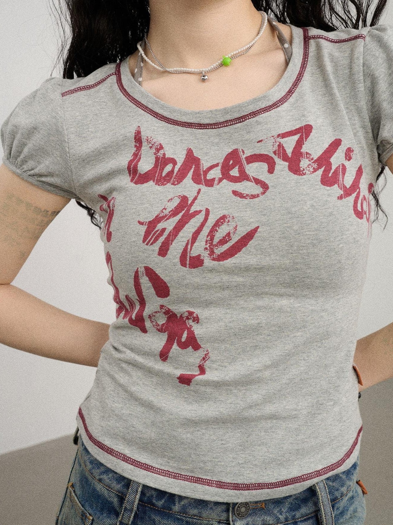 Achihara Gray Bubble Sleeve Letter Print Women'S Cotton Blend Short Sleeve T-Shirts