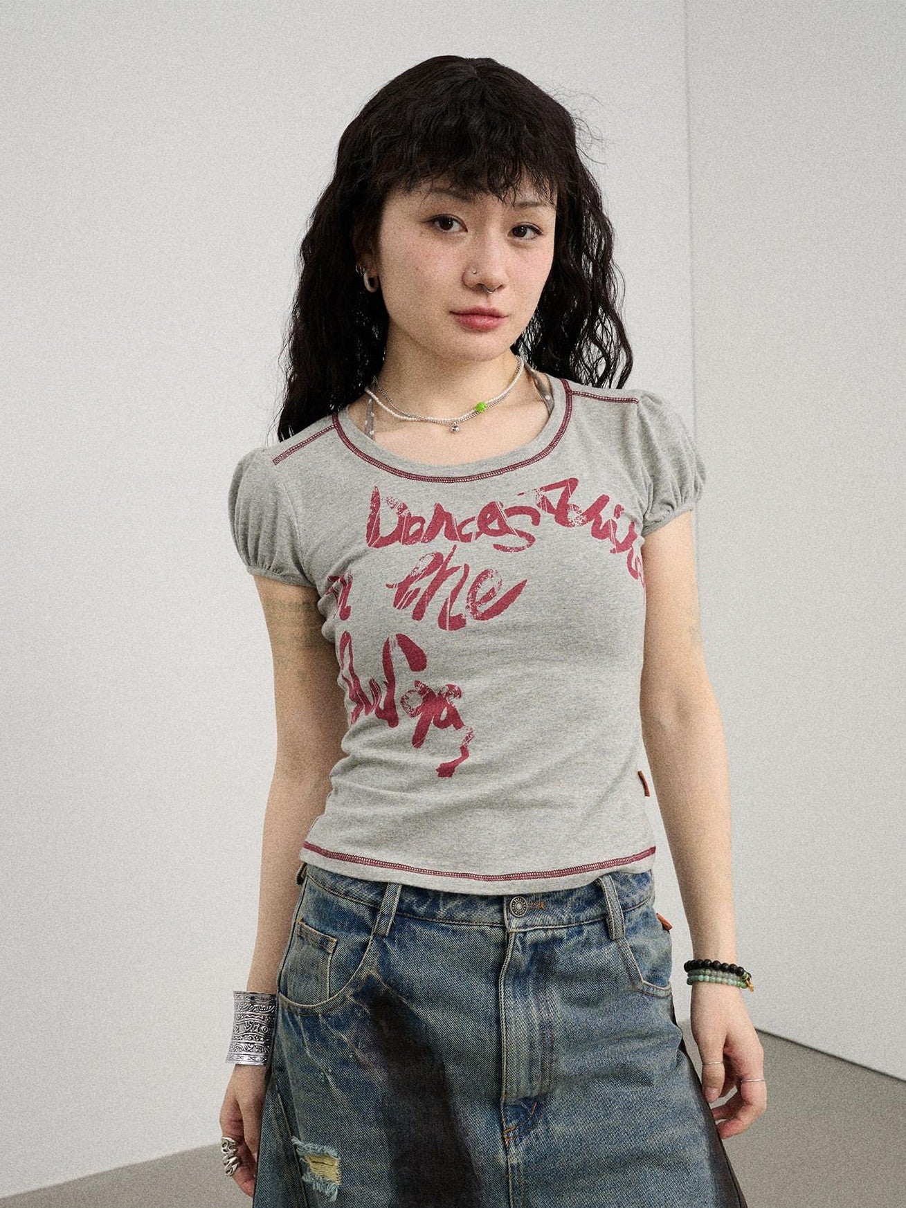 Achihara Gray Bubble Sleeve Letter Print Women'S Cotton Blend Short Sleeve T-Shirts