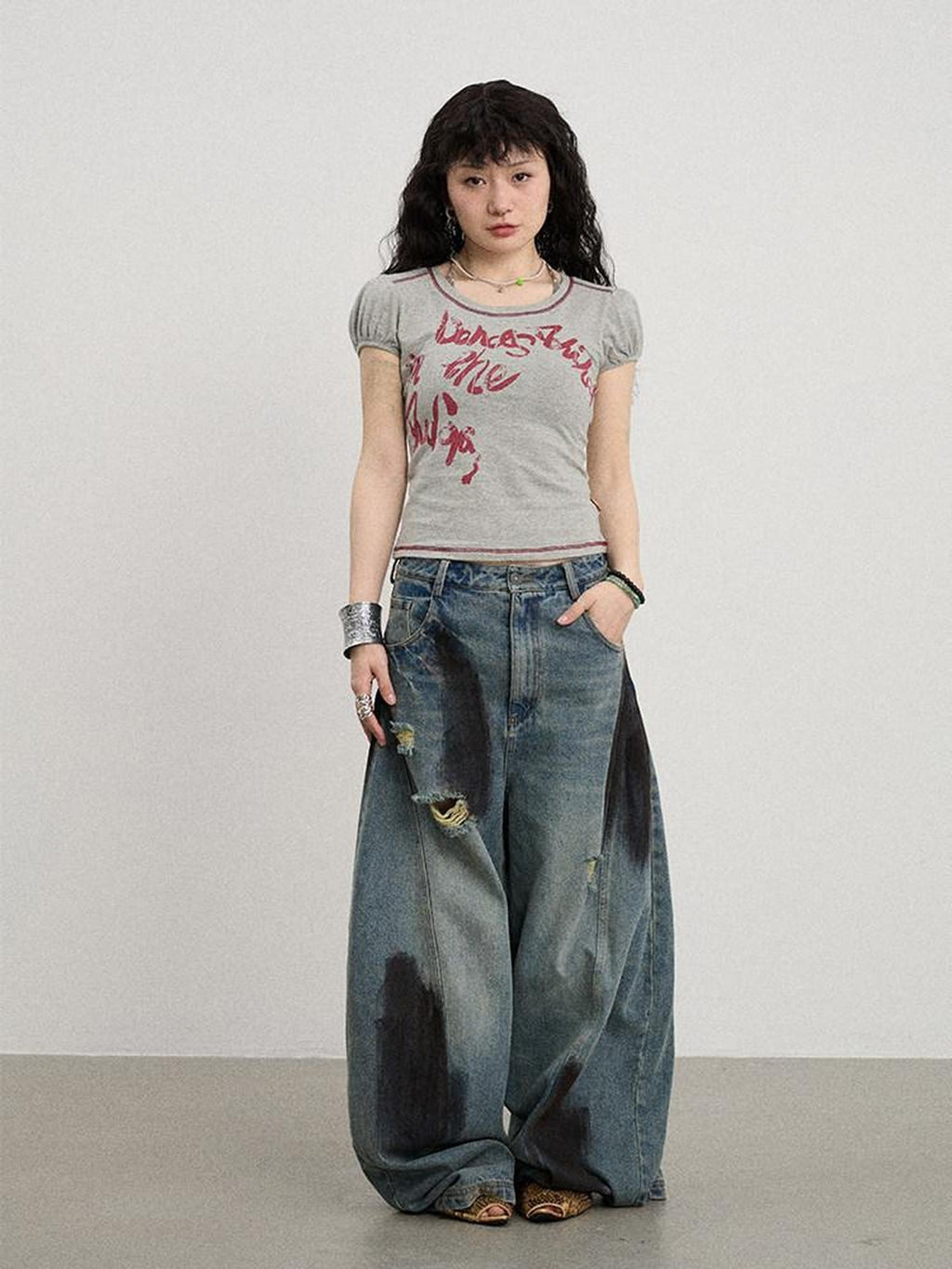 Achihara Gray Bubble Sleeve Letter Print Women'S Cotton Blend Short Sleeve T-Shirts