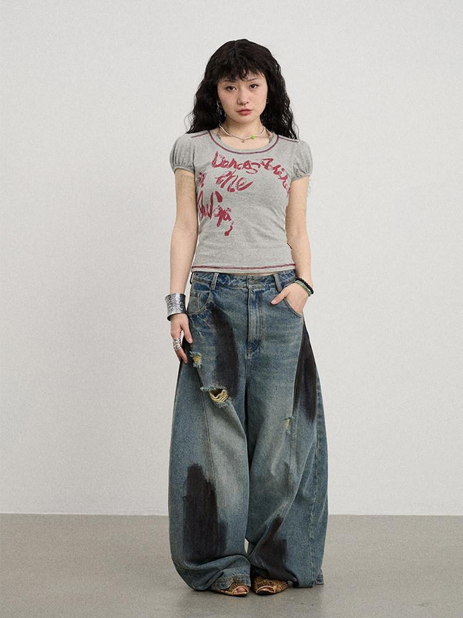 Achihara Gray Bubble Sleeve Letter Print Women'S Cotton Blend Short Sleeve T-Shirts