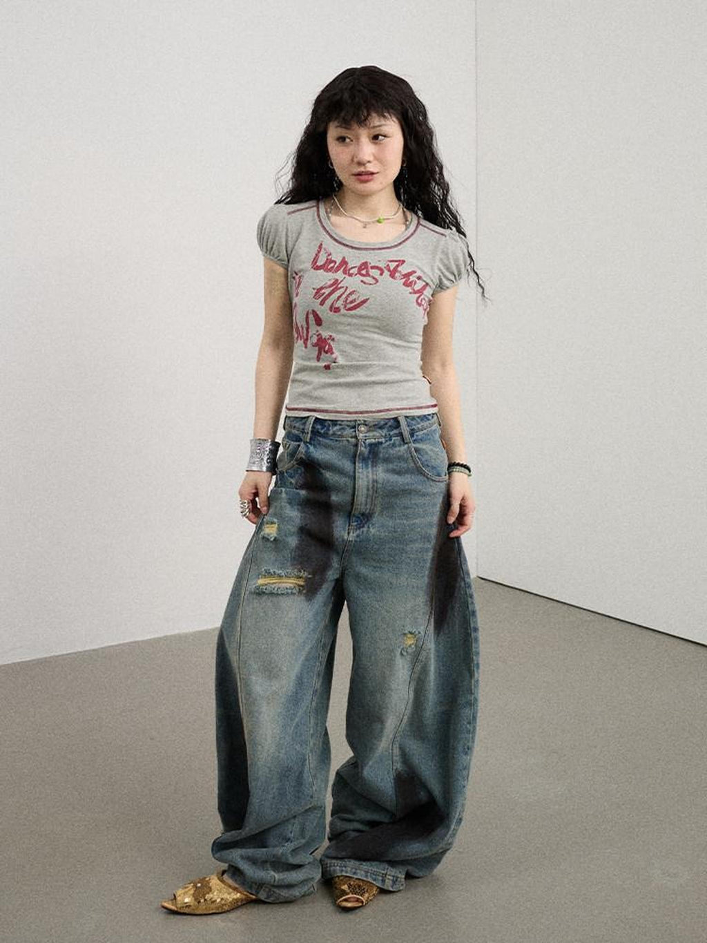 Achihara Gray Bubble Sleeve Letter Print Women'S Cotton Blend Short Sleeve T-Shirts