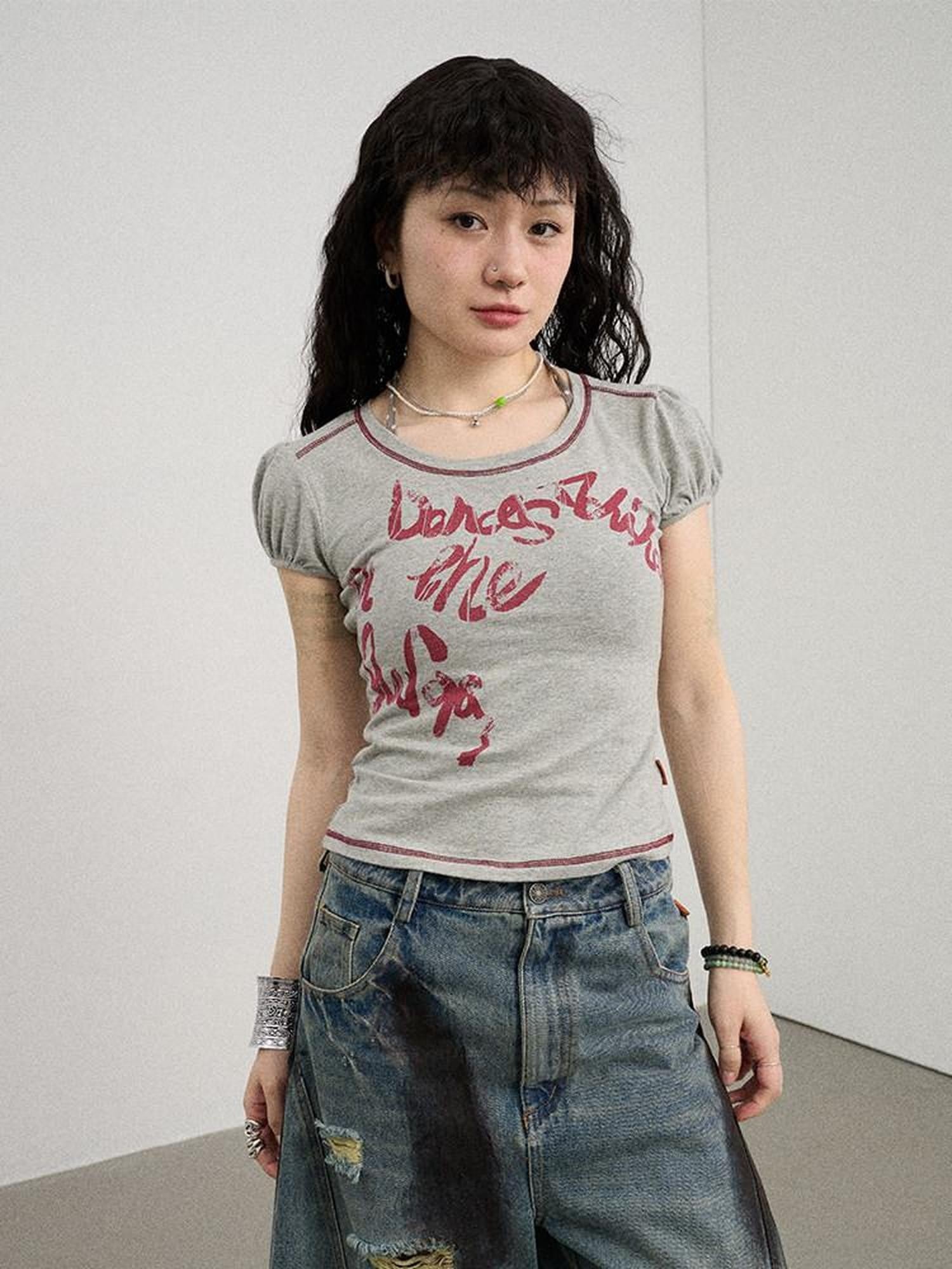 Achihara Gray Bubble Sleeve Letter Print Women'S Cotton Blend Short Sleeve T-Shirts
