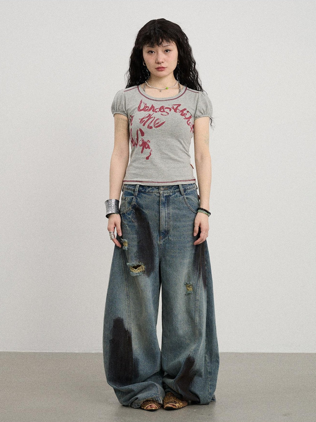 Achihara Gray Bubble Sleeve Letter Print Women'S Cotton Blend Short Sleeve T-Shirts