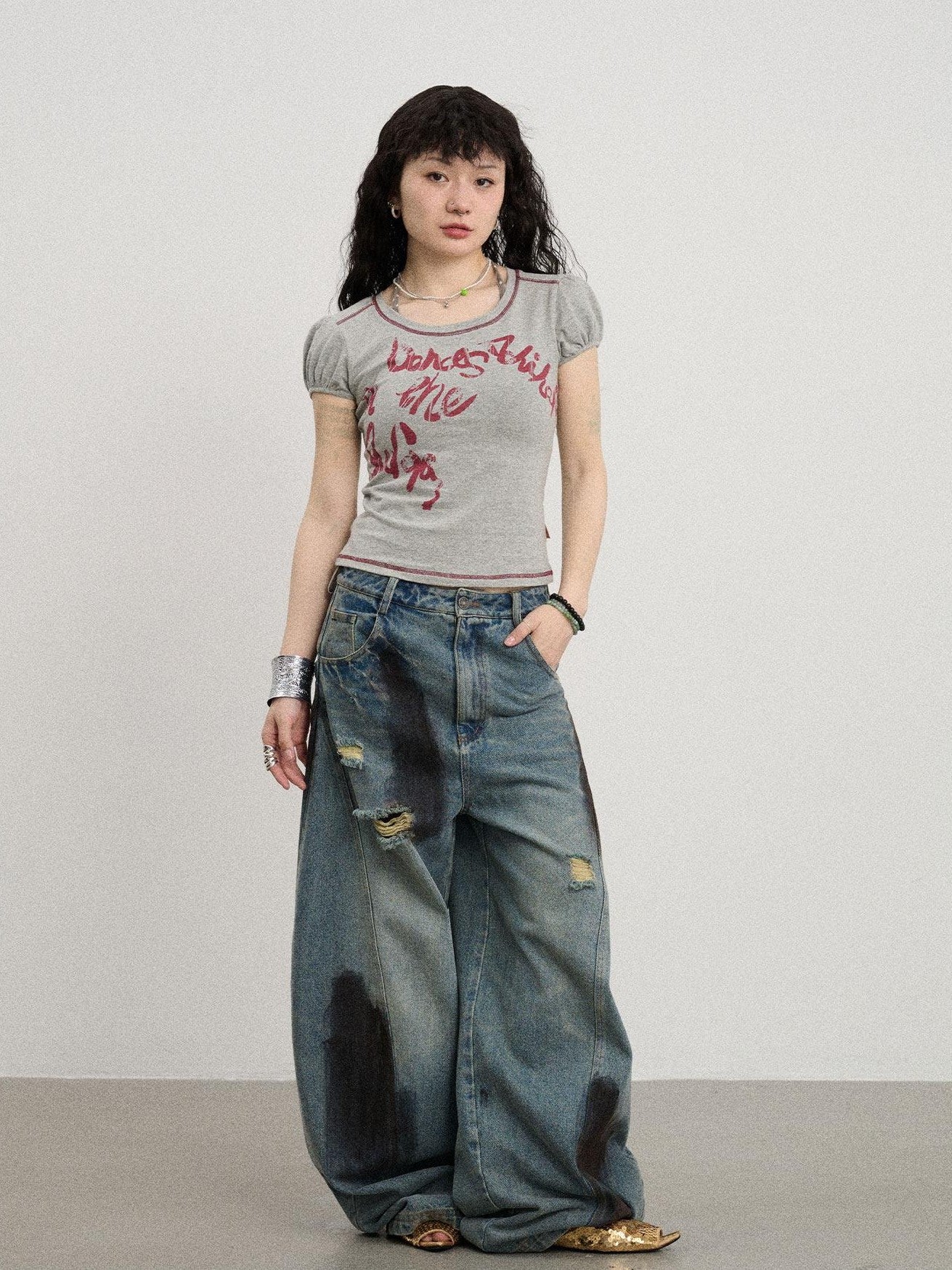 Achihara Gray Bubble Sleeve Letter Print Women'S Cotton Blend Short Sleeve T-Shirts