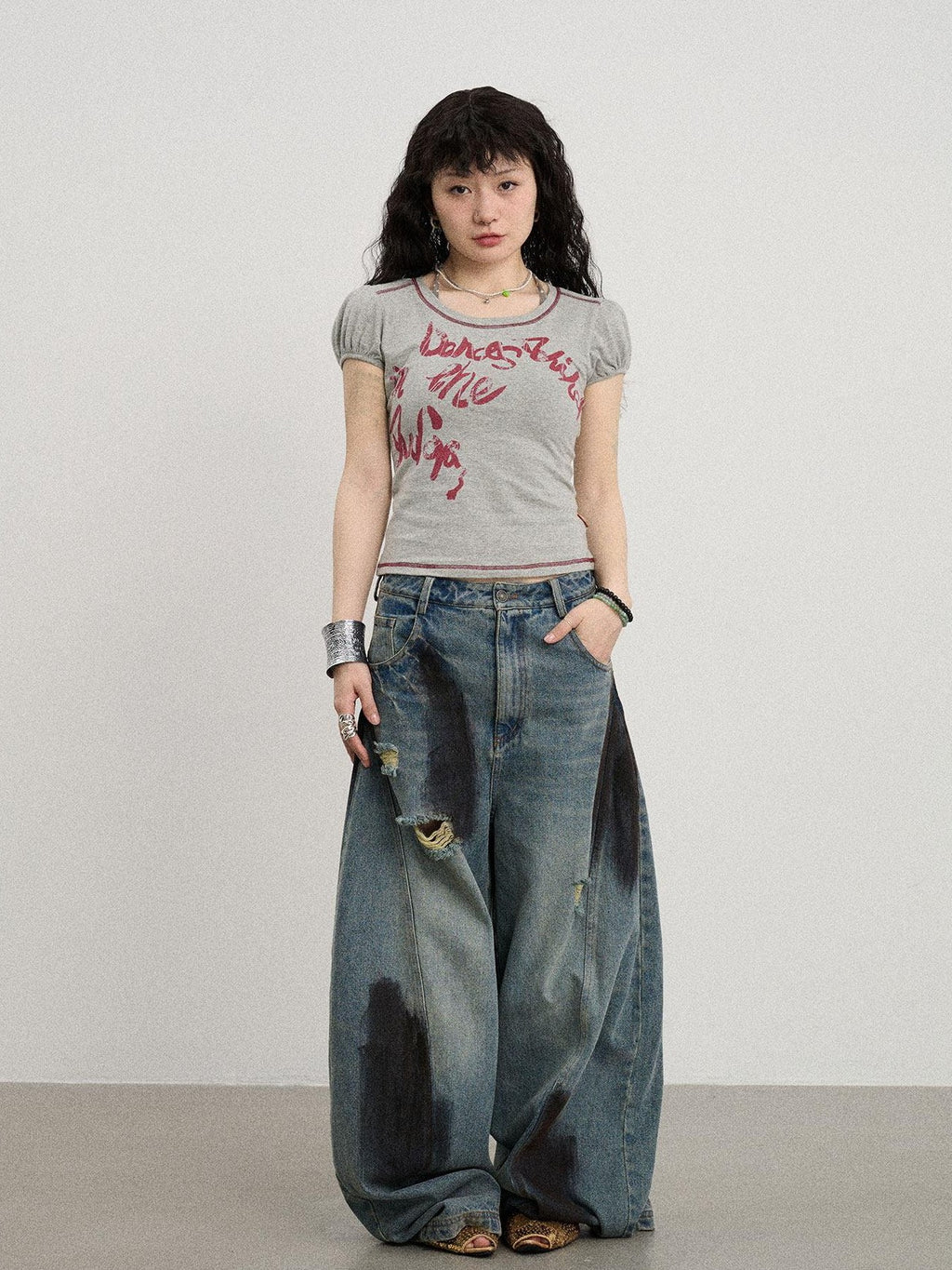 Achihara Gray Bubble Sleeve Letter Print Women'S Cotton Blend Short Sleeve T-Shirts