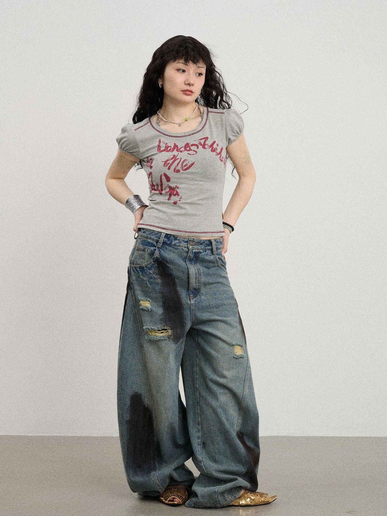 Achihara Gray Bubble Sleeve Letter Print Women'S Cotton Blend Short Sleeve T-Shirts