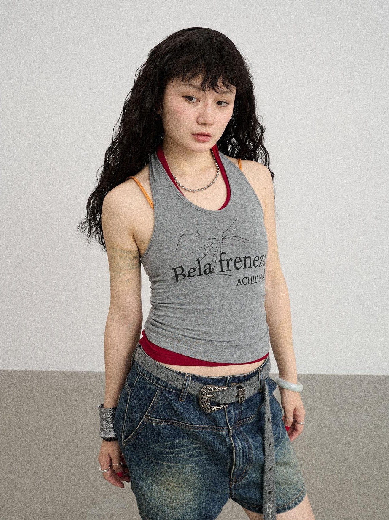 Achihara Gray Red Lettering Halter Cropped Women'S Polyester Cotton Spandex Tank Tops