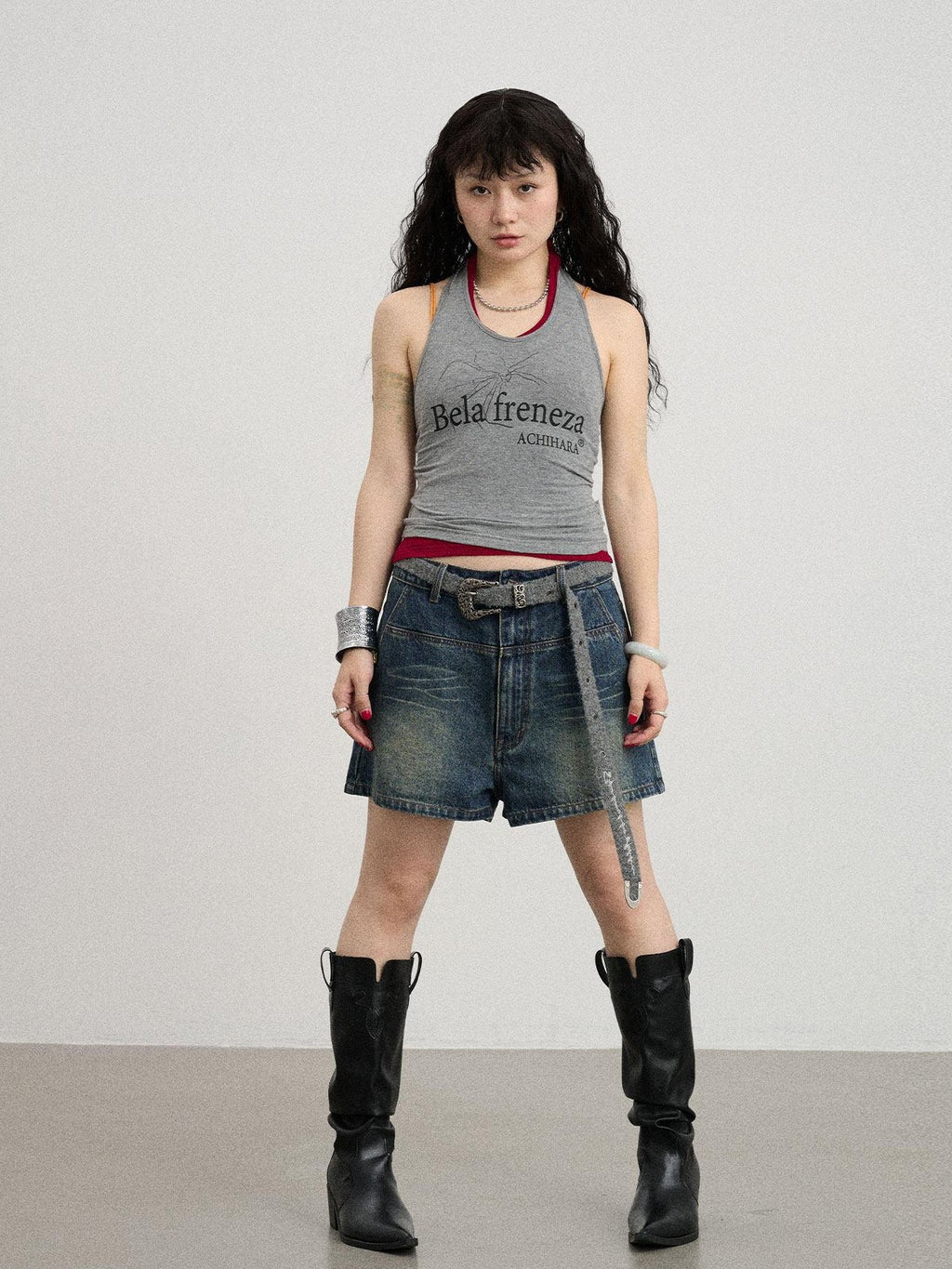 Achihara Gray Red Lettering Halter Cropped Women'S Polyester Cotton Spandex Tank Tops
