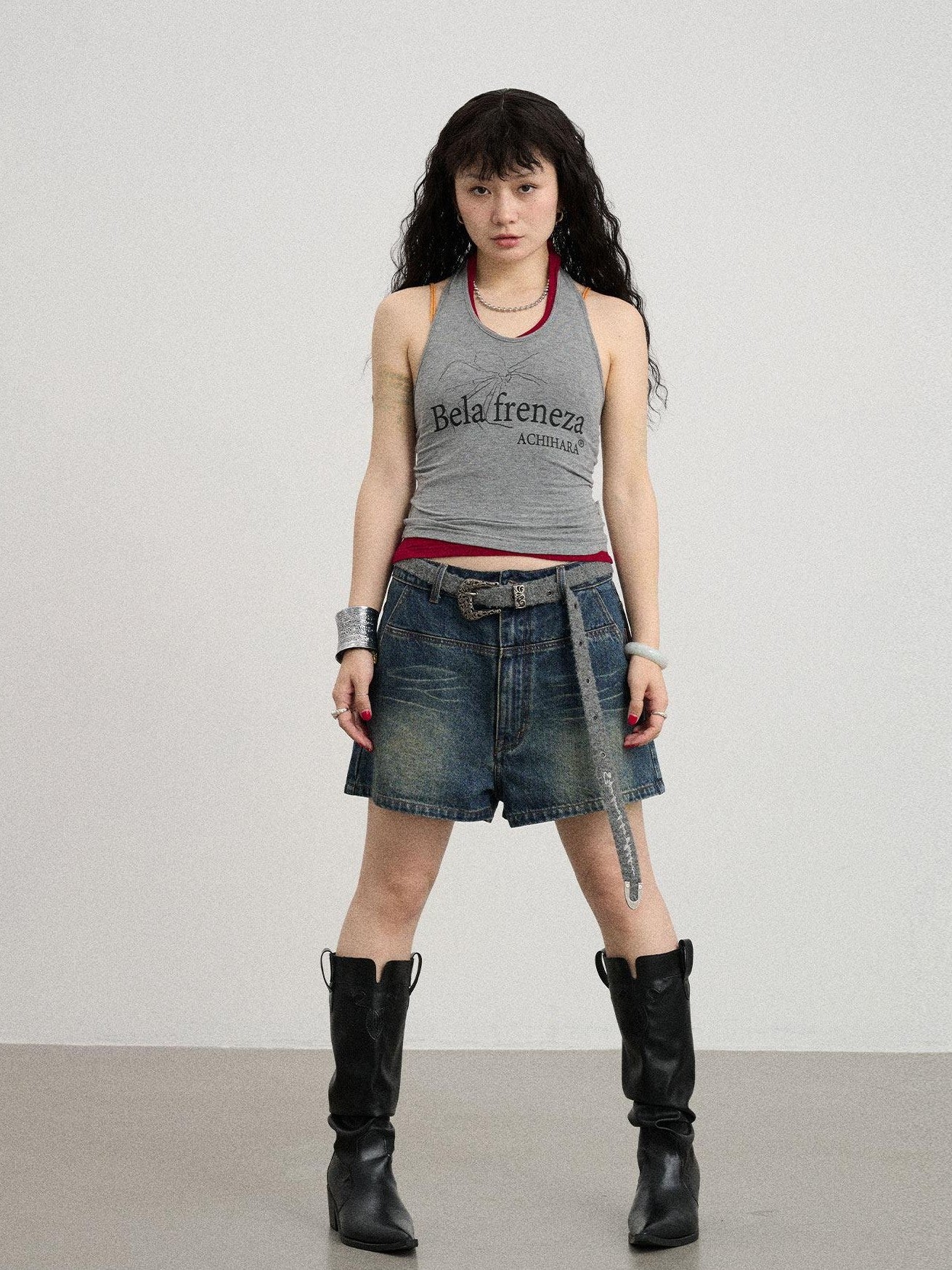 Achihara Gray Red Lettering Halter Cropped Women'S Polyester Cotton Spandex Tank Tops