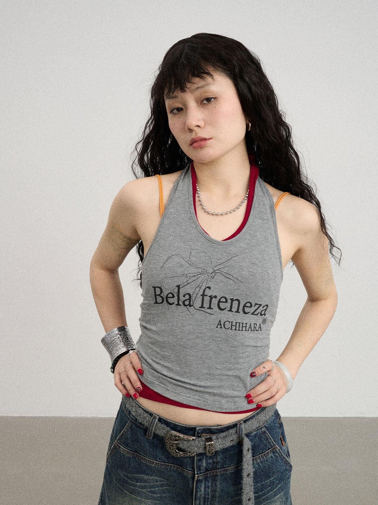 Achihara Gray Red Lettering Halter Cropped Women'S Polyester Cotton Spandex Tank Tops