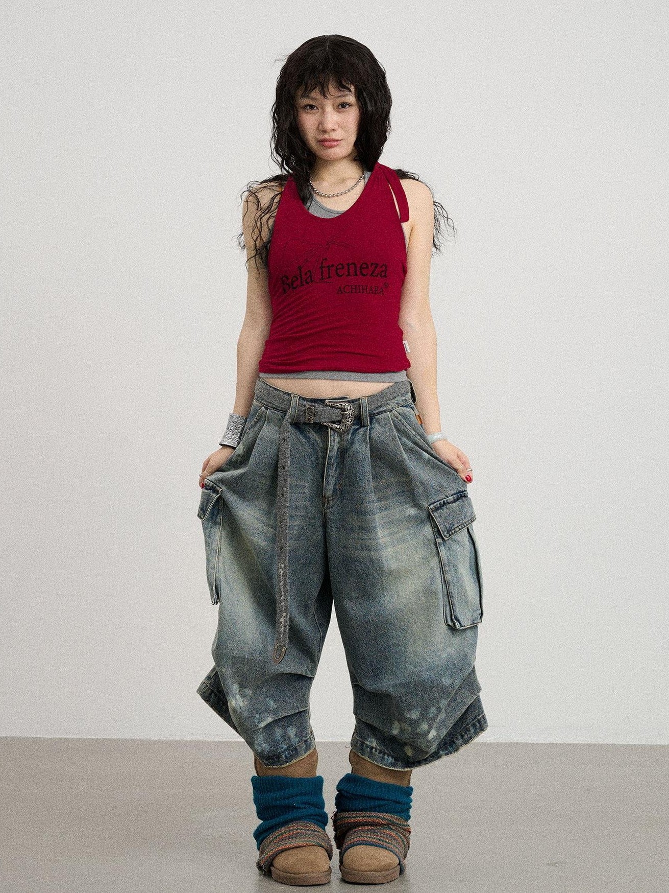 Achihara Gray Red Lettering Halter Cropped Women'S Polyester Cotton Spandex Tank Tops