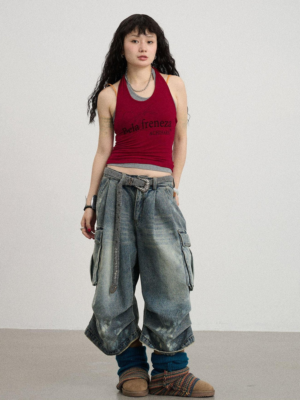 Achihara Gray Red Lettering Halter Cropped Women'S Polyester Cotton Spandex Tank Tops