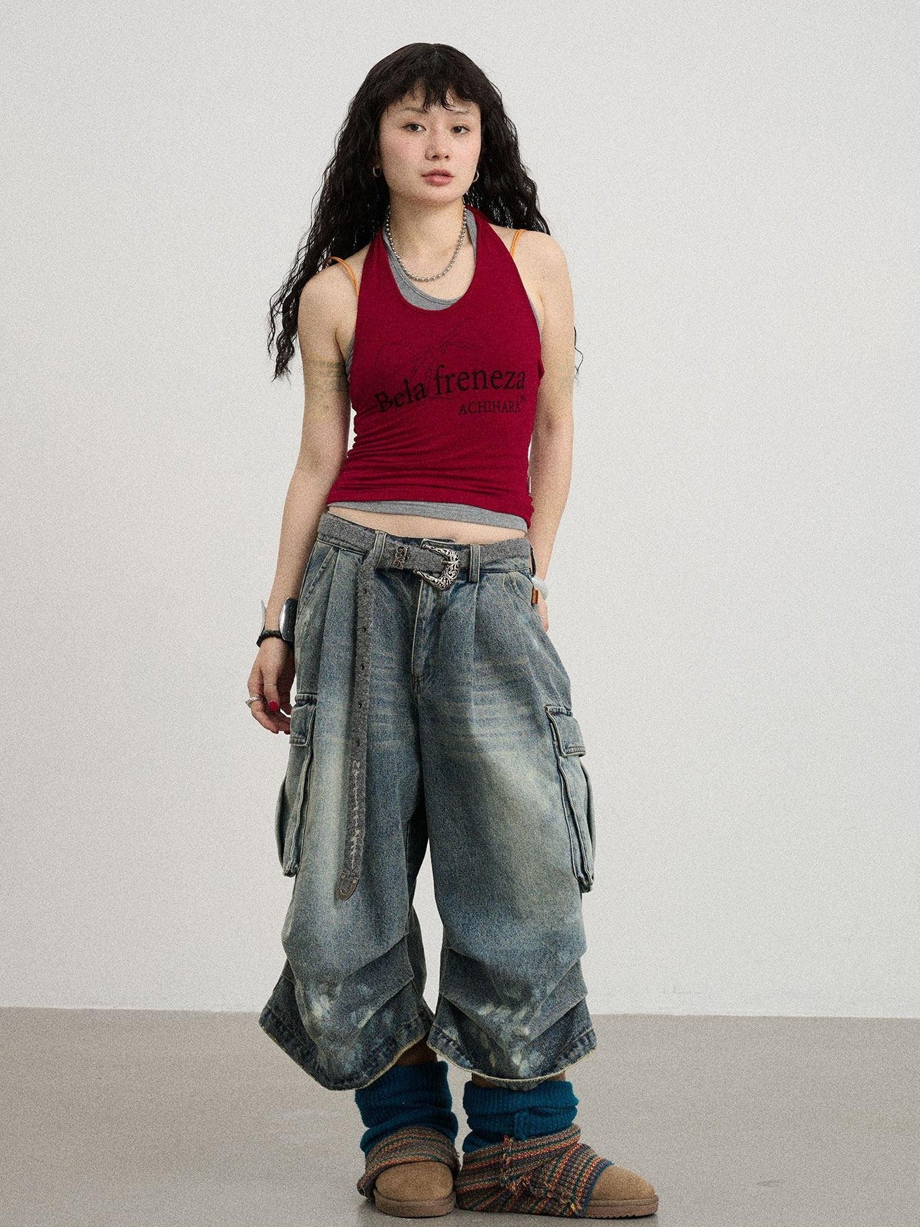 Achihara Gray Red Lettering Halter Cropped Women'S Polyester Cotton Spandex Tank Tops