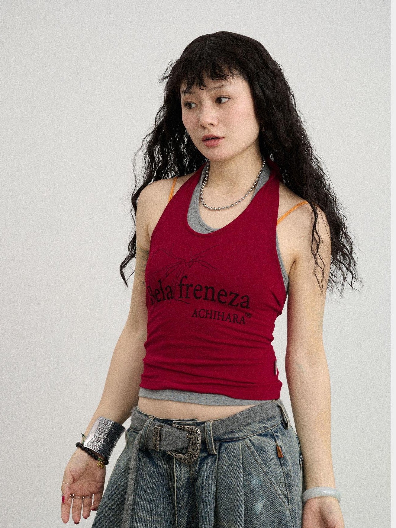 Achihara Gray Red Lettering Halter Cropped Women'S Polyester Cotton Spandex Tank Tops