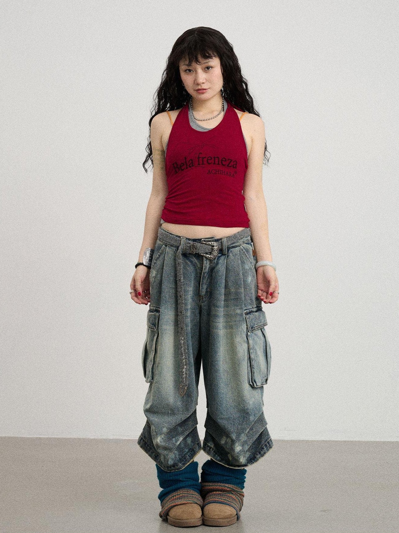 Achihara Gray Red Lettering Halter Cropped Women'S Polyester Cotton Spandex Tank Tops