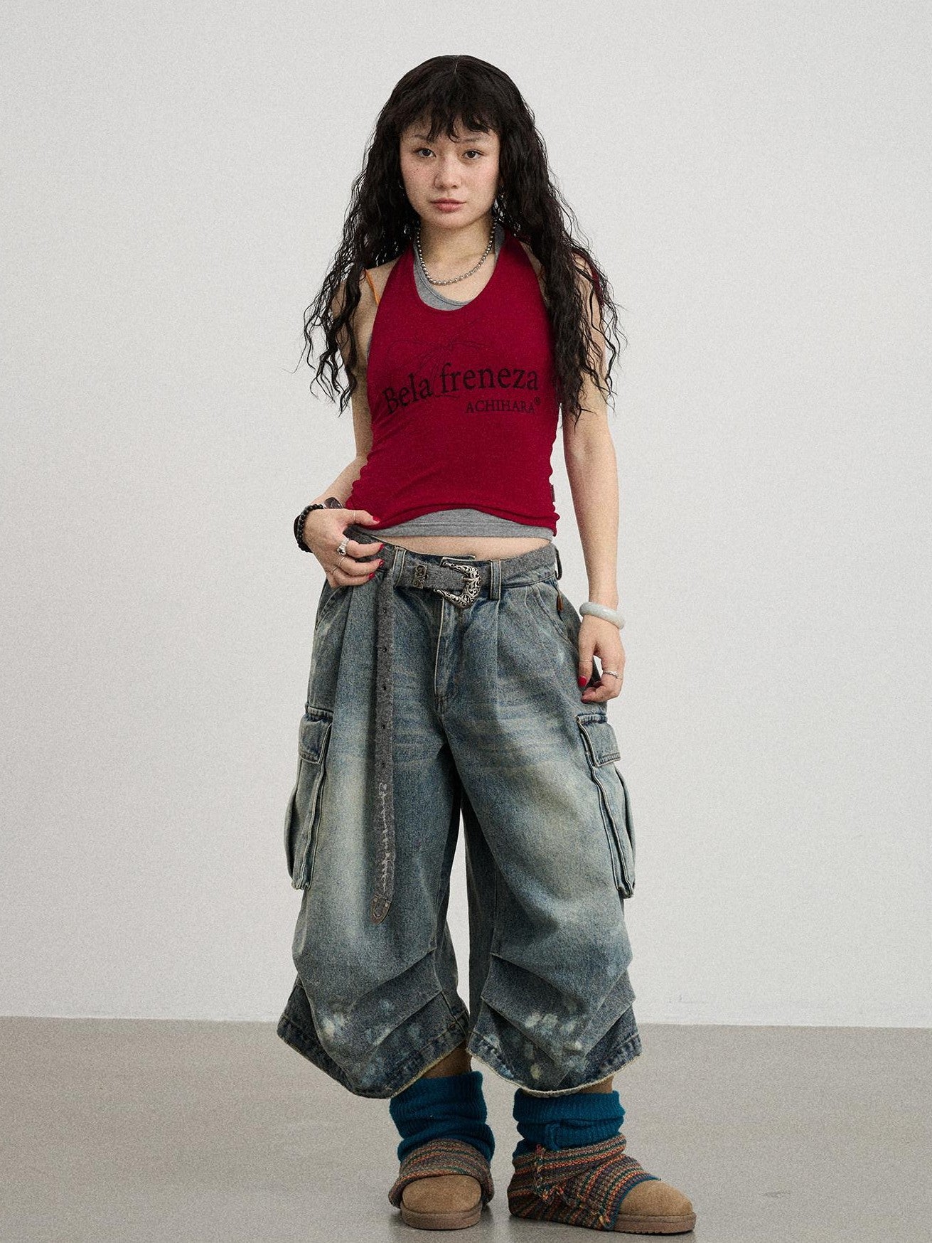 Achihara Gray Red Lettering Halter Cropped Women'S Polyester Cotton Spandex Tank Tops