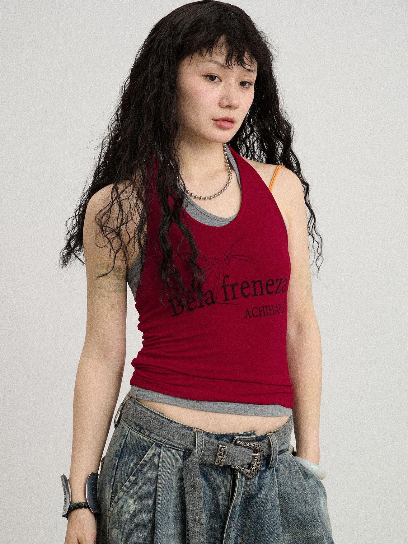 Achihara Gray Red Lettering Halter Cropped Women'S Polyester Cotton Spandex Tank Tops