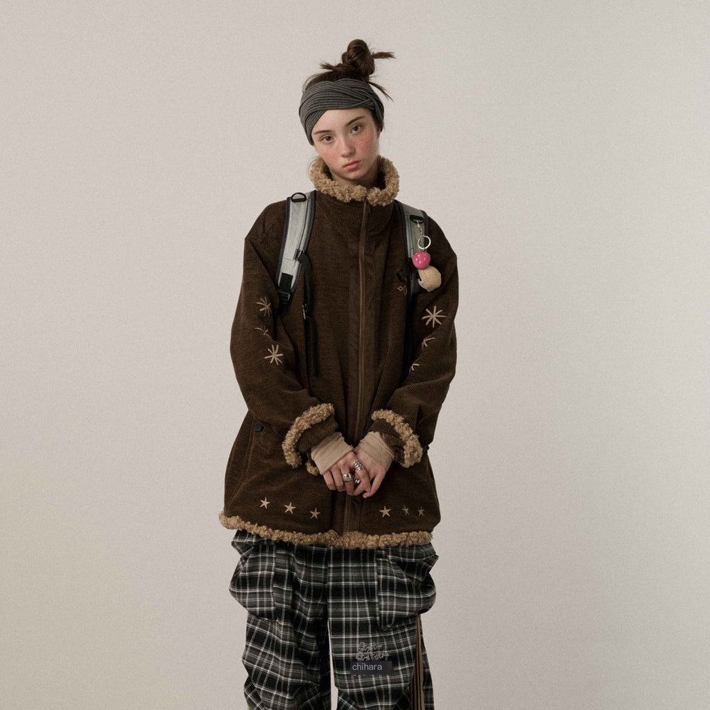 Achihara_Hazelnut_Brown_Stand_Collar_Zippered_Loose_Fit_Women'S_Corduroy_Puffer_Jackets_MISSTT