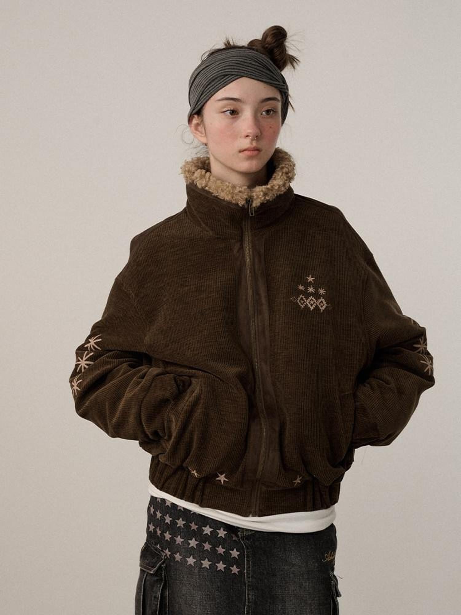 Achihara Hazelnut Brown Stand Collar Zippered Loose Fit Women'S Corduroy Puffer Jackets