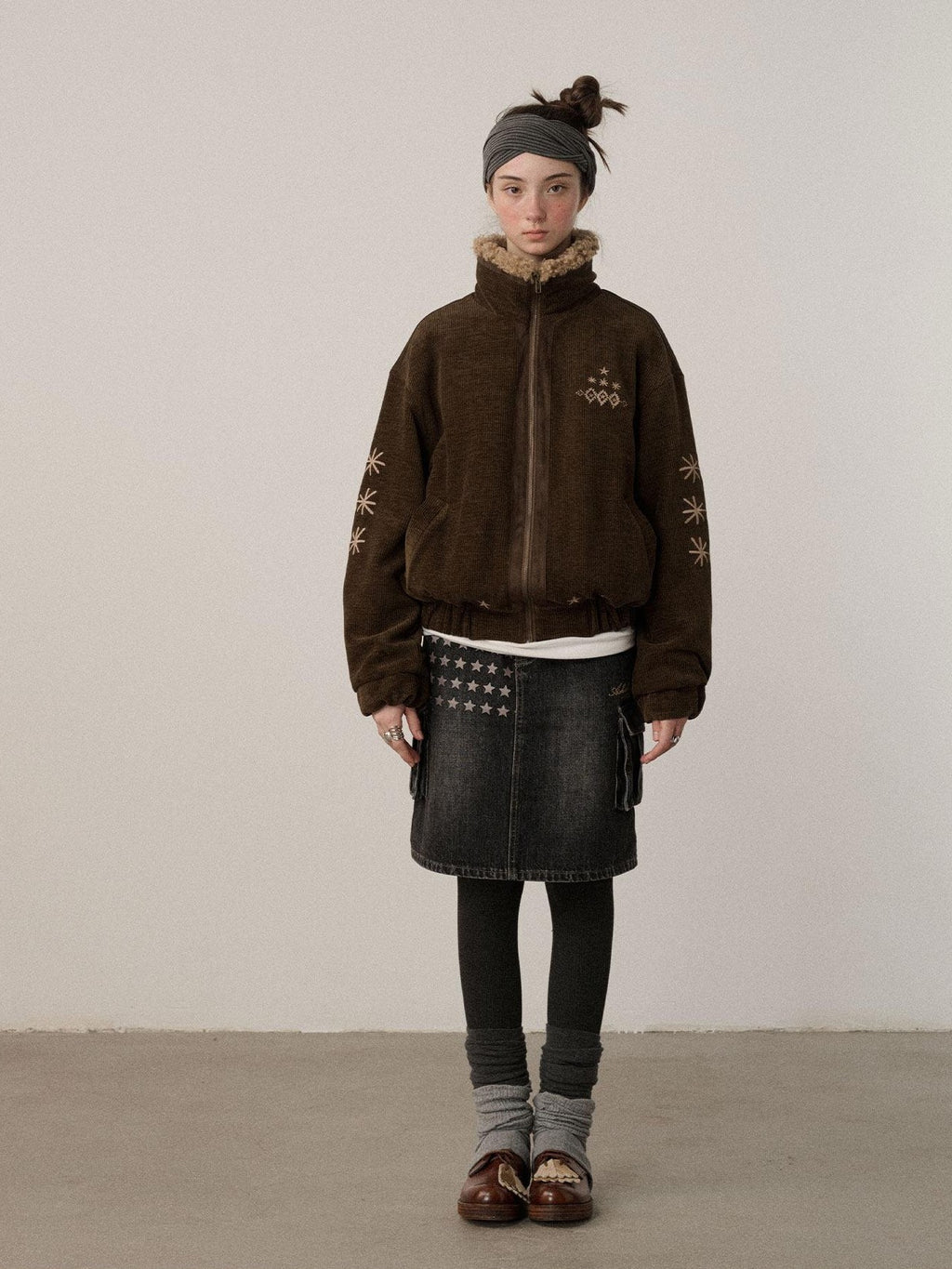 Achihara Hazelnut Brown Stand Collar Zippered Loose Fit Women'S Corduroy Puffer Jackets