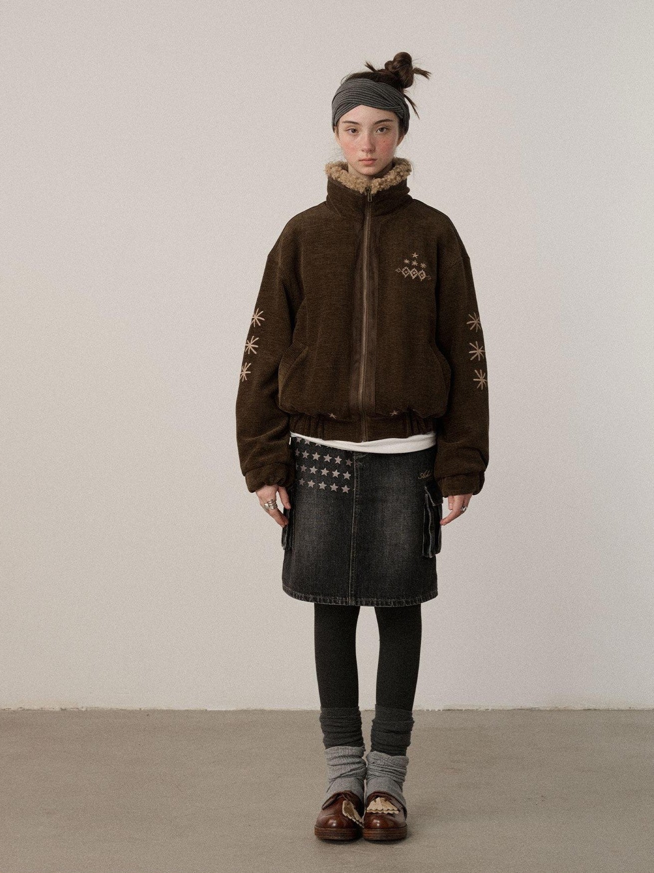 Achihara Hazelnut Brown Stand Collar Zippered Loose Fit Women'S Corduroy Puffer Jackets
